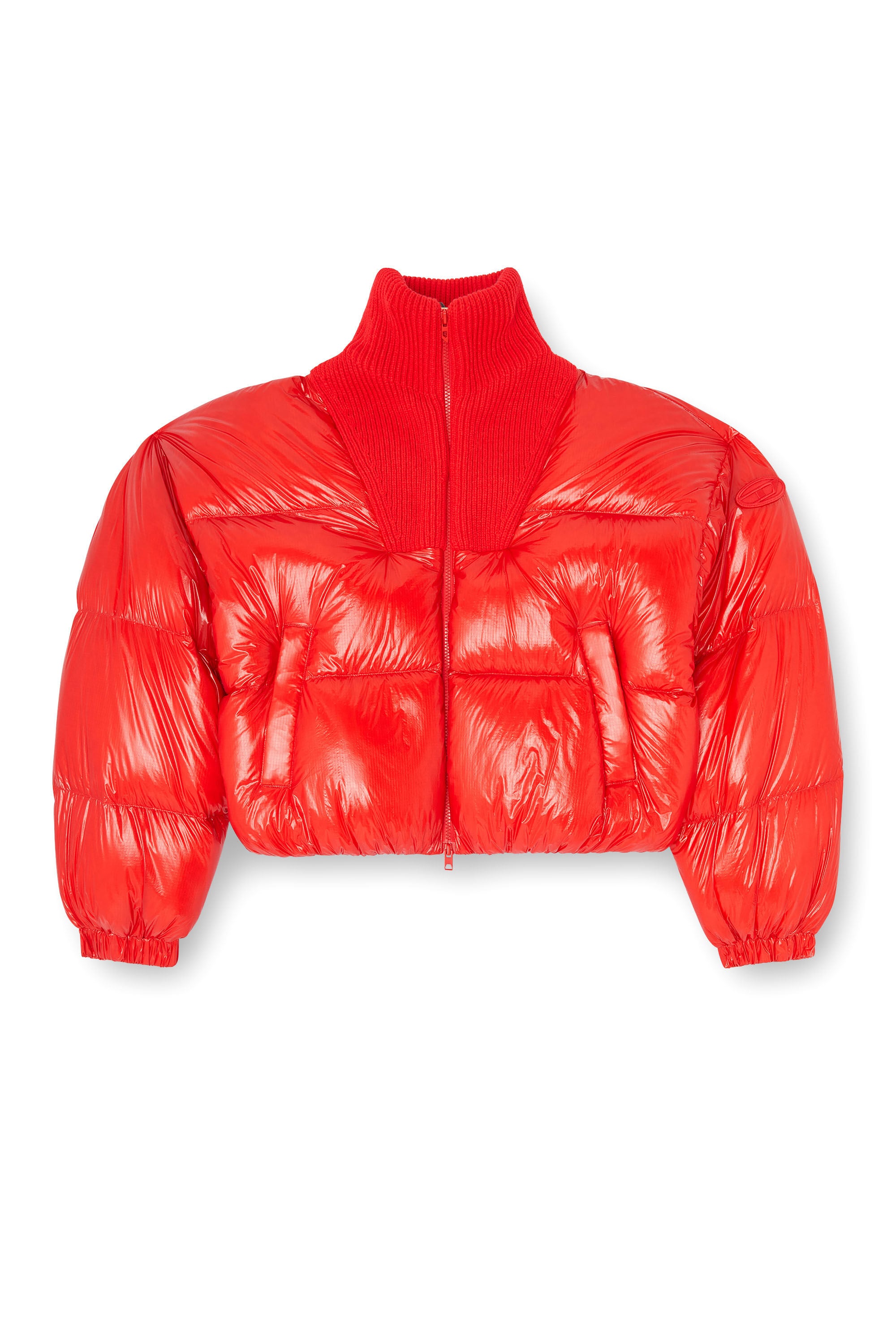 Diesel - W-ARRIOR, Woman's Down puffer jacket in ripstop with knitted collar in Red - 2