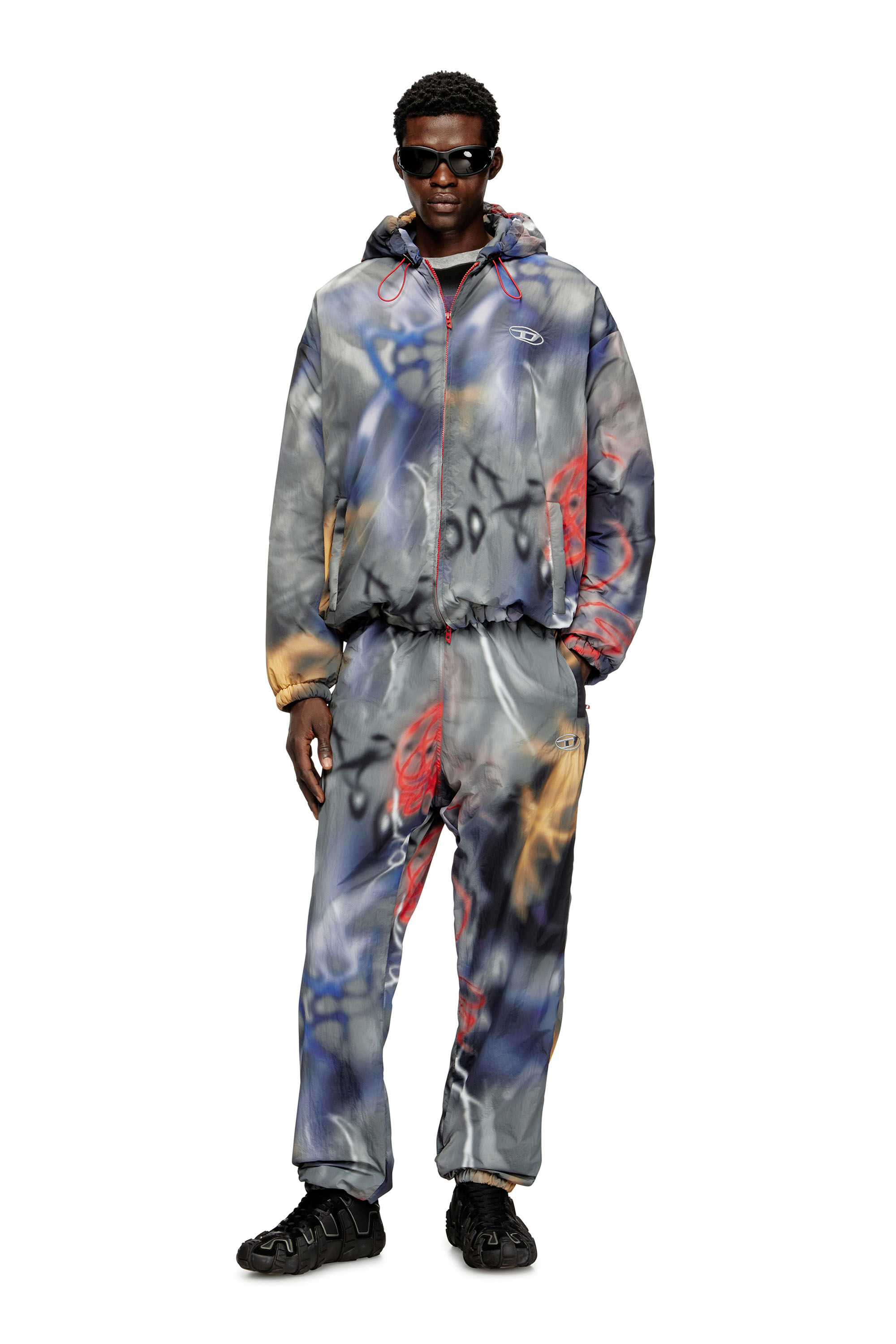 Diesel - J-MIRR, Man's Padded windbreaker with graffiti print in Blue/Grey - 1
