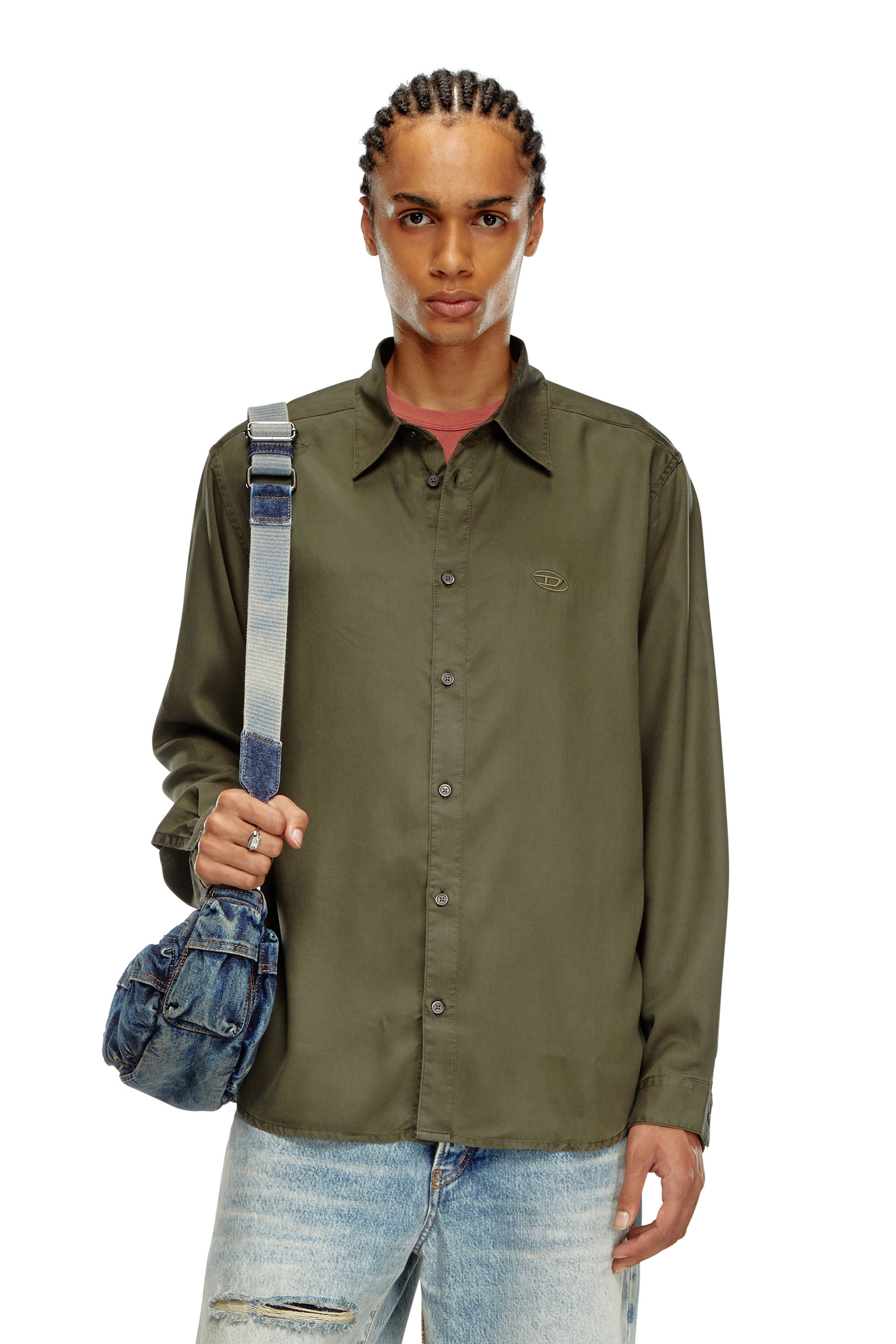 Diesel - S-SIMPLY-C, Man's Fluid shirt with logo embroidery in Olive Green - 3