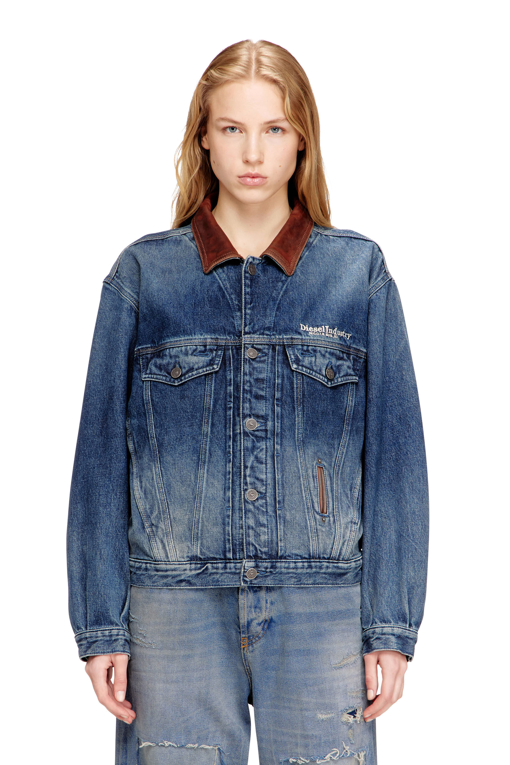 Diesel - D-DENVER-S1, Unisex's Denim trucker jacket with contrast leather trims in null - 6