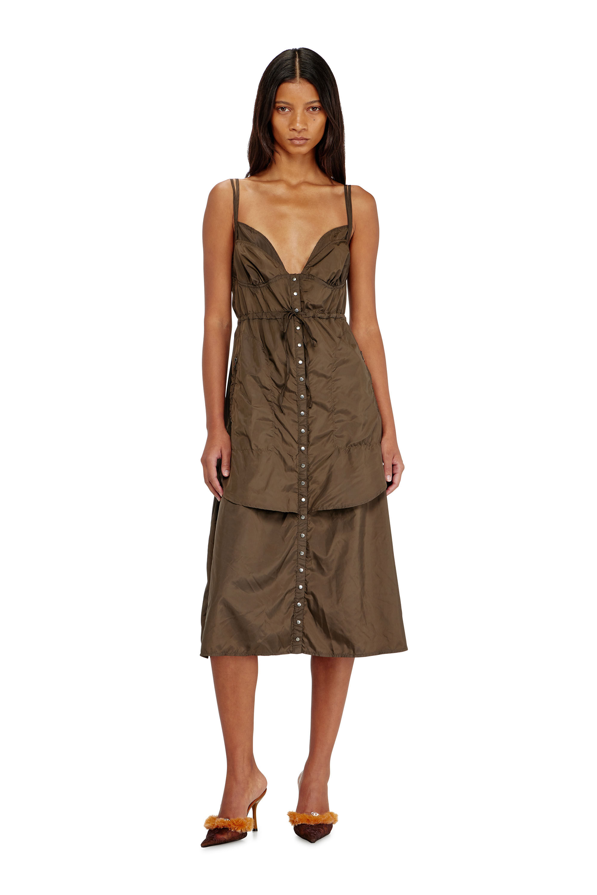 Diesel - D-OROTEA-T1, Woman's Lightweight nylon dress with layered design in Brown - 1