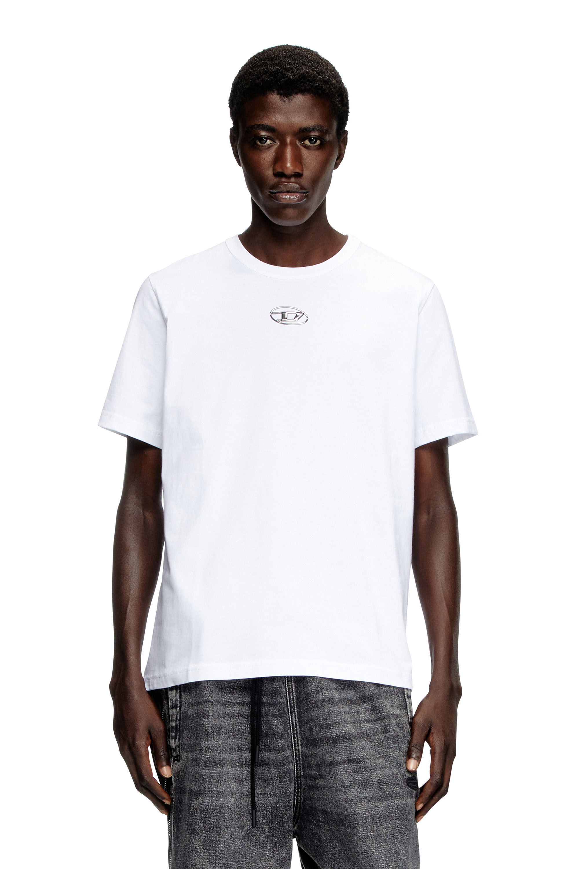 DIESEL ディーゼル T-ADJUST-OD Tシャツ メタル ロゴ Men's T-shirt with metallic Oval D | White | Diesel