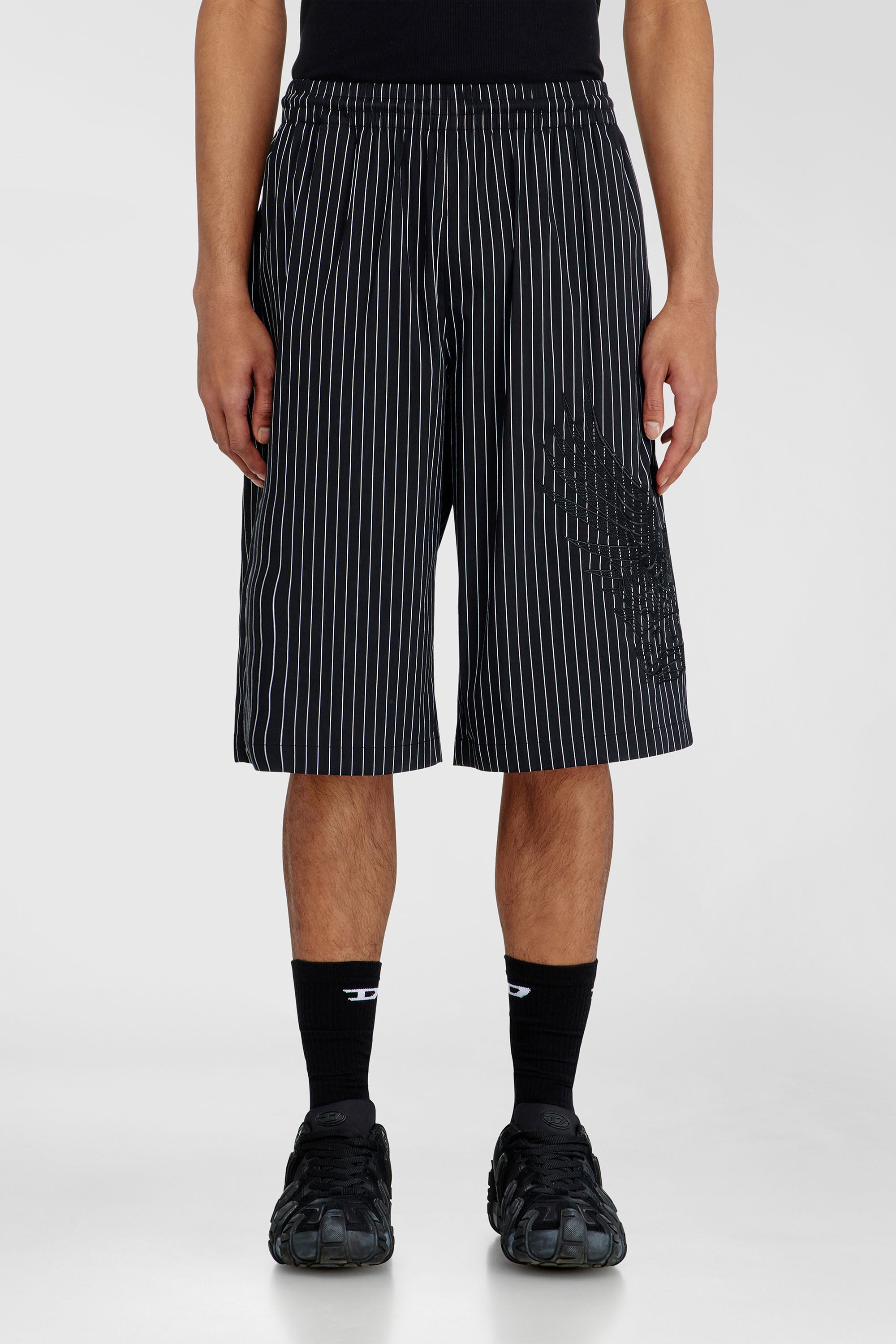 Diesel - P-THEO-SHORT-NJCA, Man's Pinstripe shorts with Phoenix embroidery in Black - 3