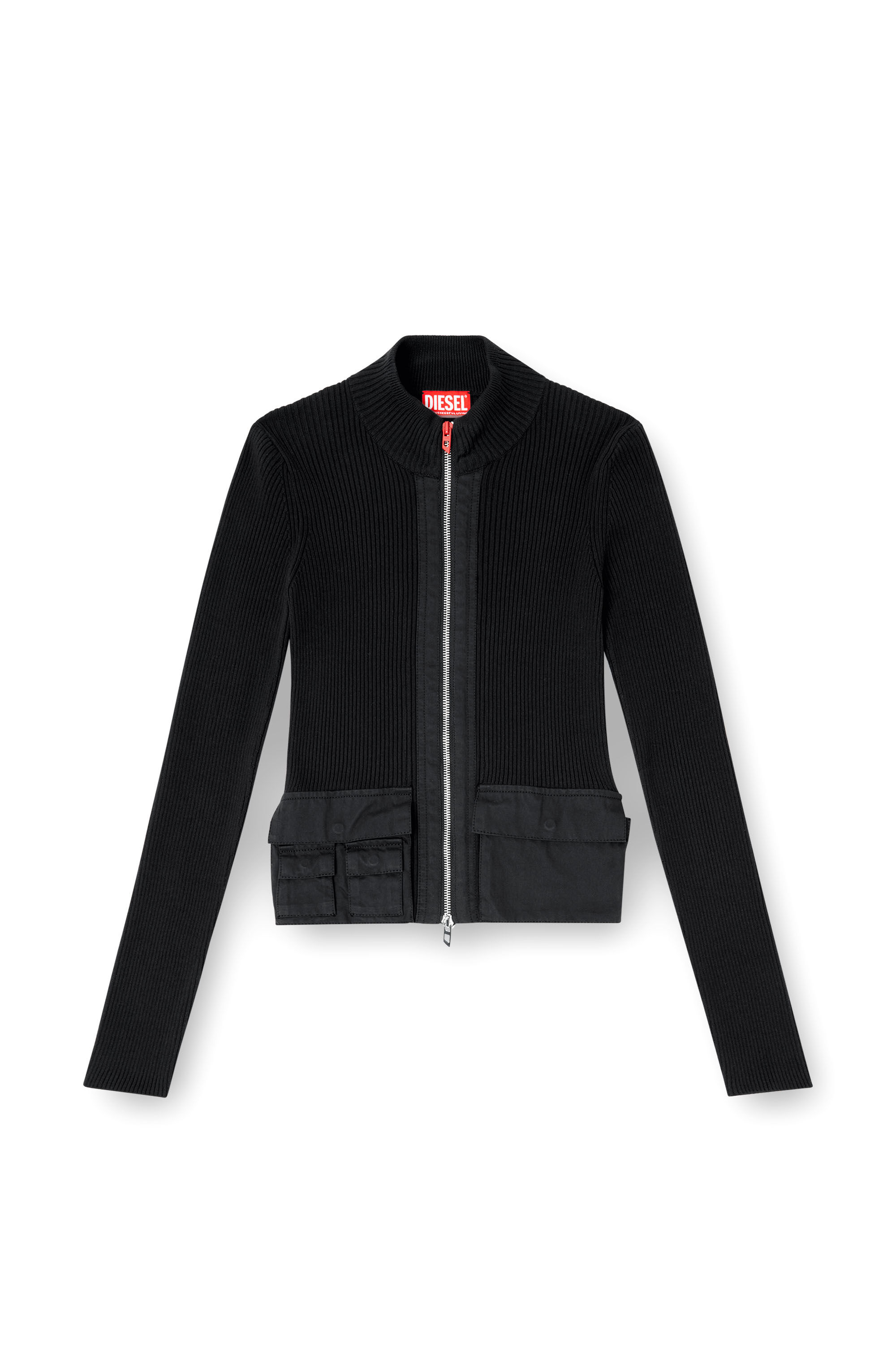 Diesel - M-MELISSA, Woman's Ribbed cardigan with cargo pockets in Black - 2