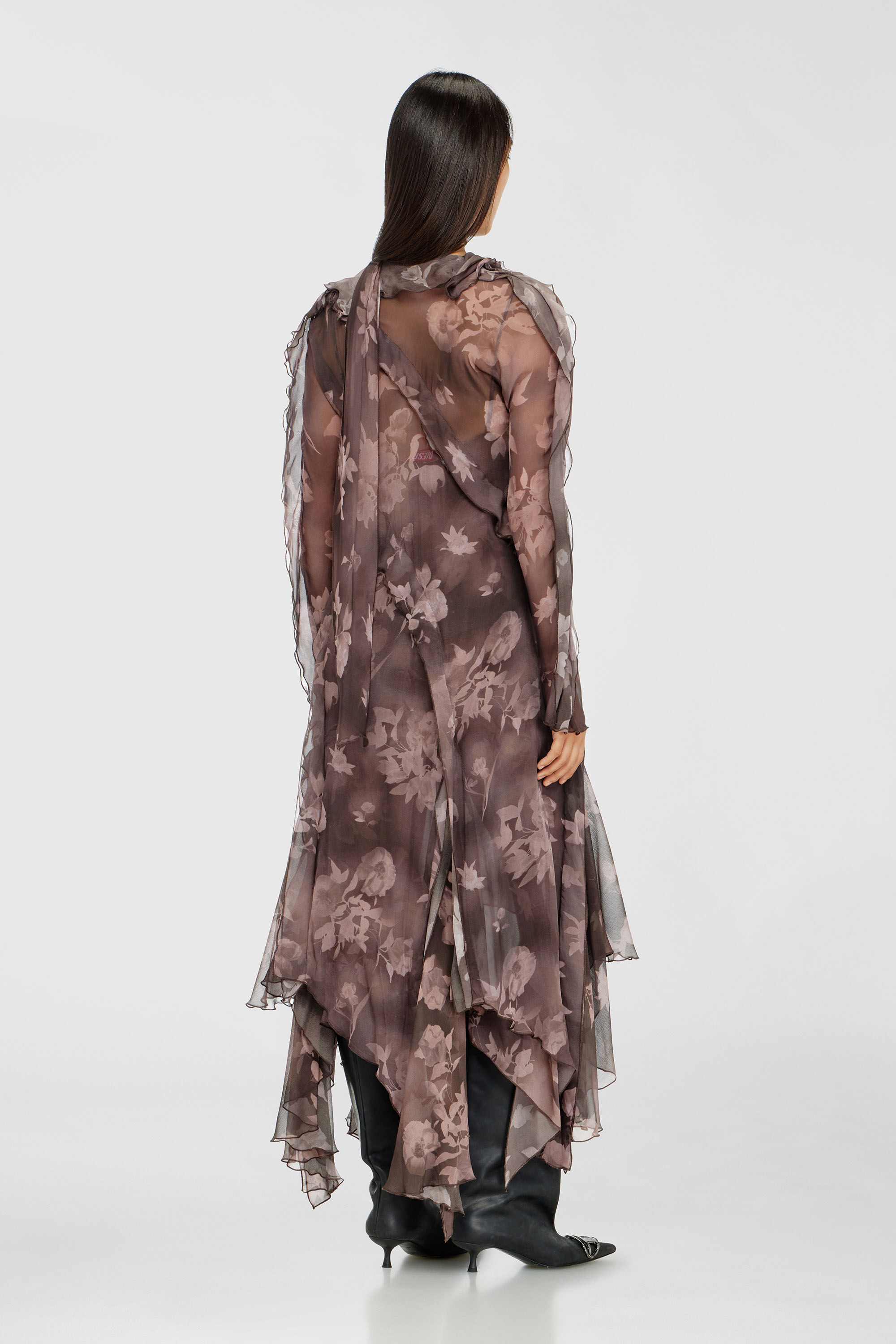 Diesel - D-RIADI, Woman's Asymmetric midi dress in chiffon and silk-crepe in Brown - 4