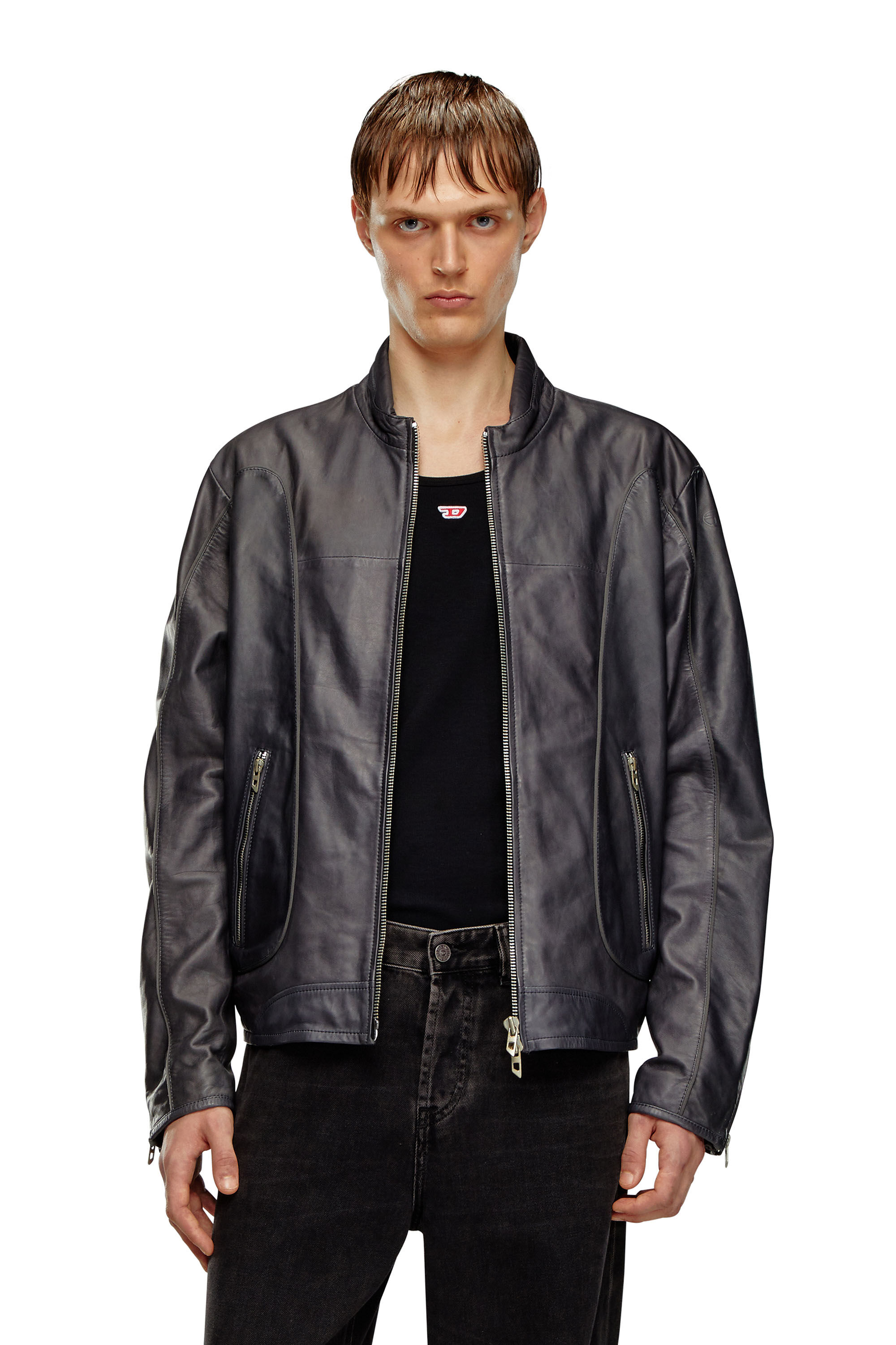 Men's Leather biker jacket with piping | Black | Diesel
