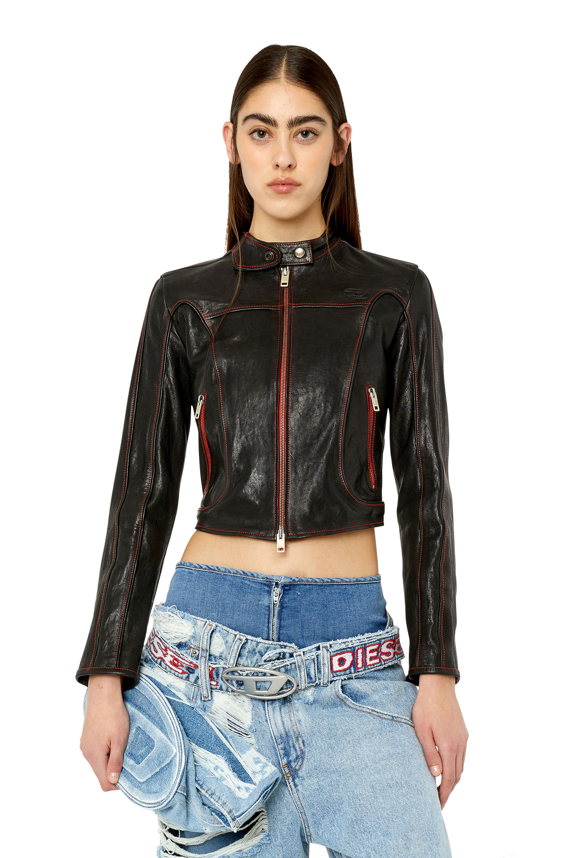 L FOX A Woman Leather biker jacket with contrast details Diesel
