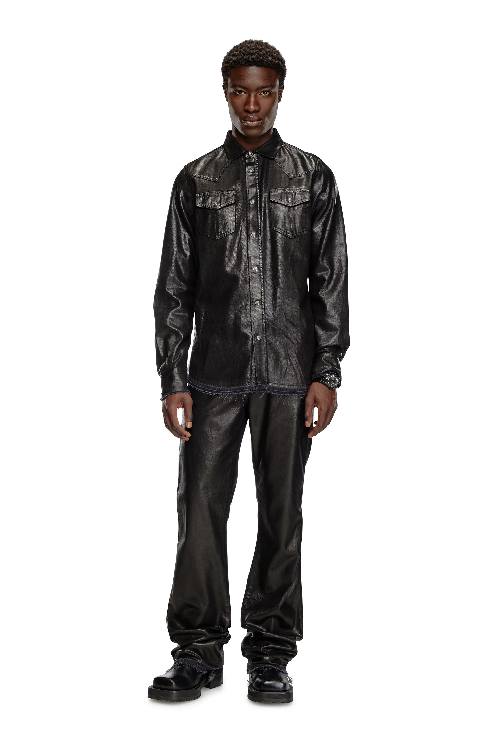 Diesel - D-VEGA, Man's Overshirt in coated tailoring denim in Black - 1