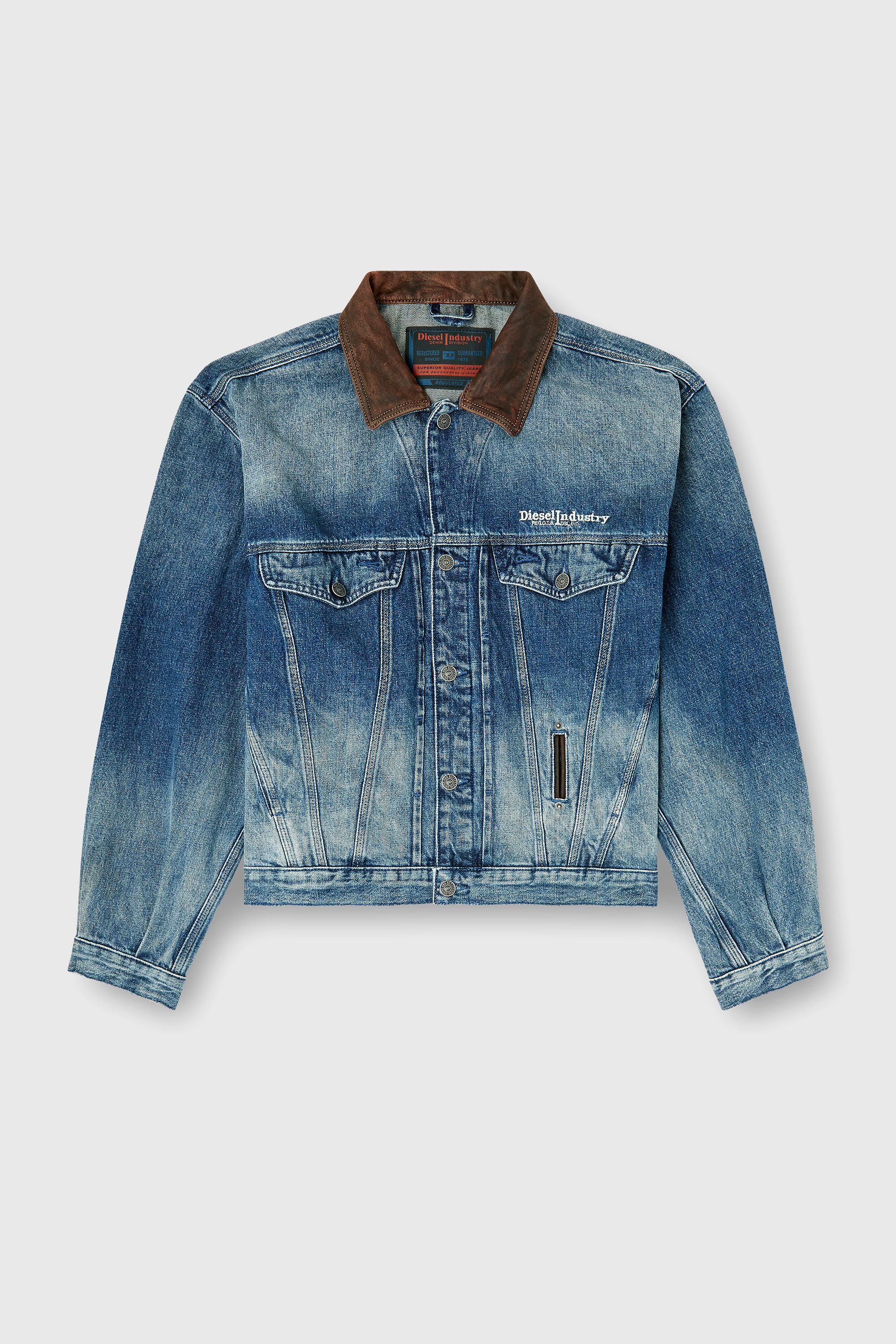Diesel - D-DENVER-S1, Unisex's Denim trucker jacket with contrast leather trims in Blue - 2