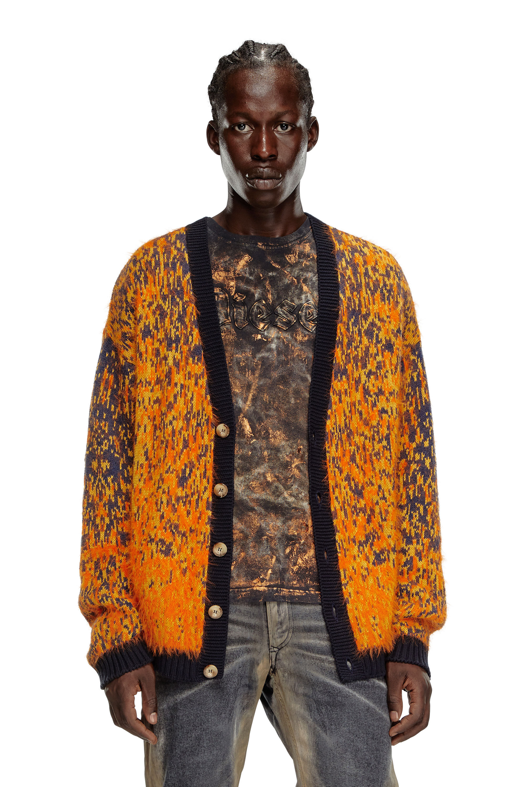 Diesel - K-RANGER, Man's Fuzzy cardigan with abstract pattern in Orange - 3