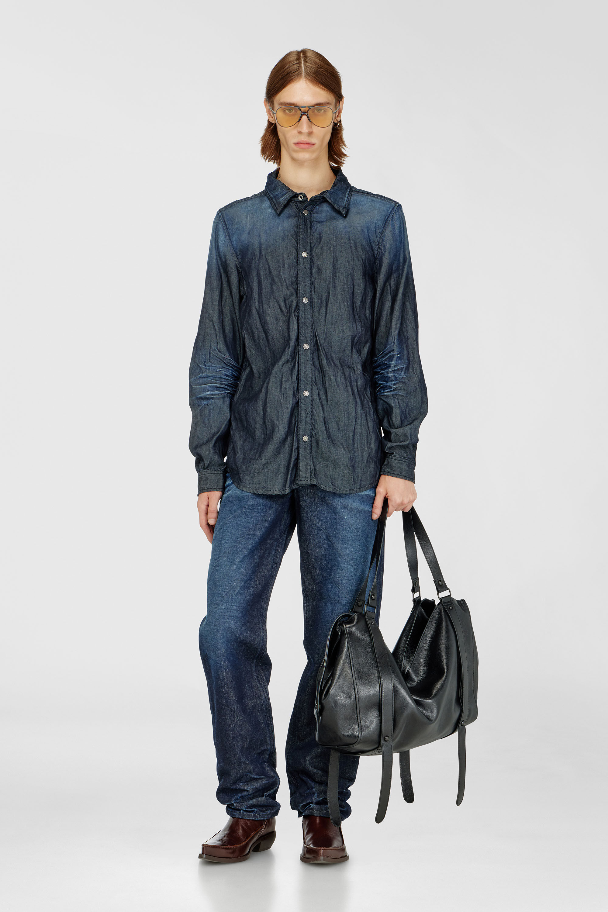 Diesel - D-SYNAR-FSJ1, Man's Shirt in creased denim in Dark Blue - 1