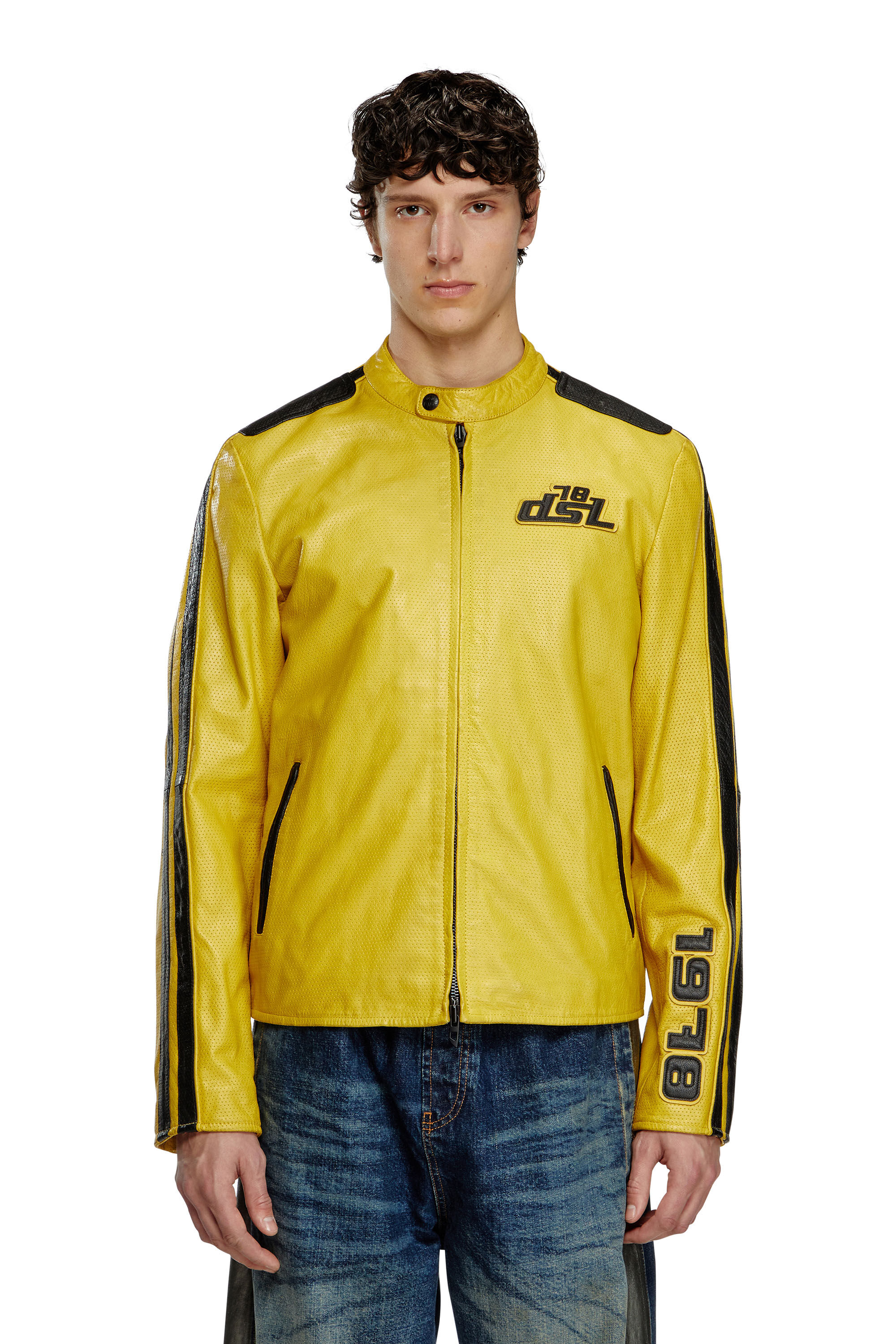 Diesel - L-POP, Unisex's Biker jacket in perforated leather in Yellow - 3
