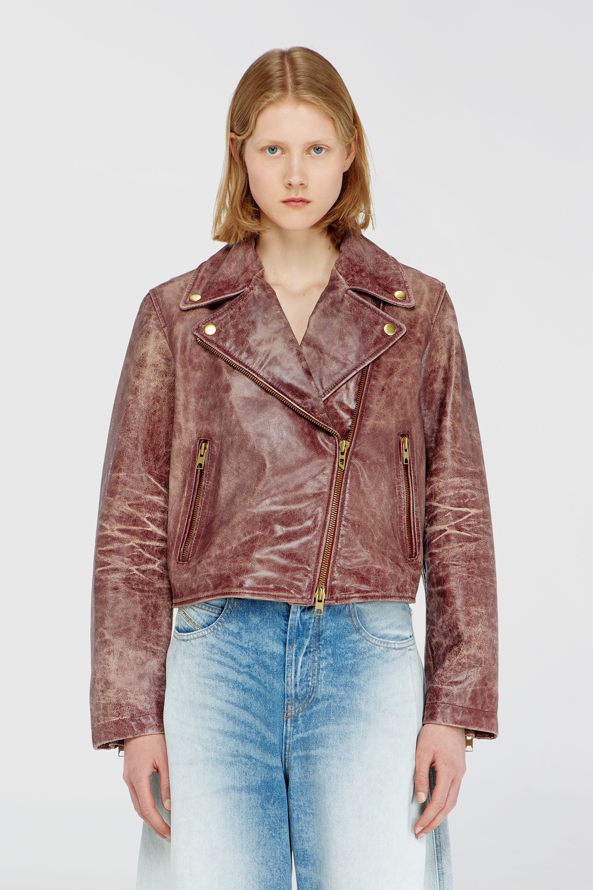 Diesel - L-UNATIC-T1, Woman's Biker jacket in treated leather in Brown - 5