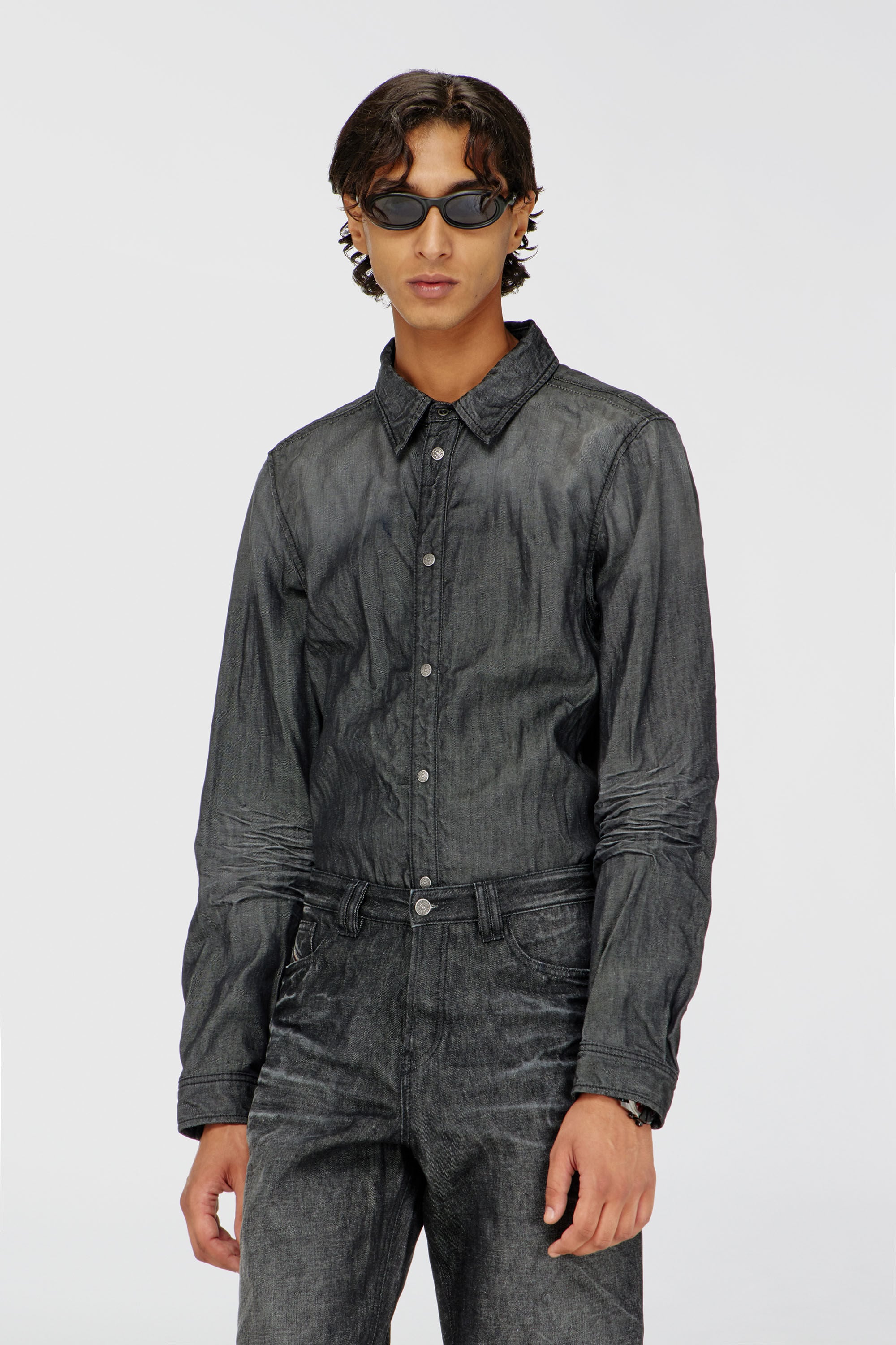 Diesel - D-SYNAR-FSJ2, Man's Shirt in creased denim in Dark grey - 3