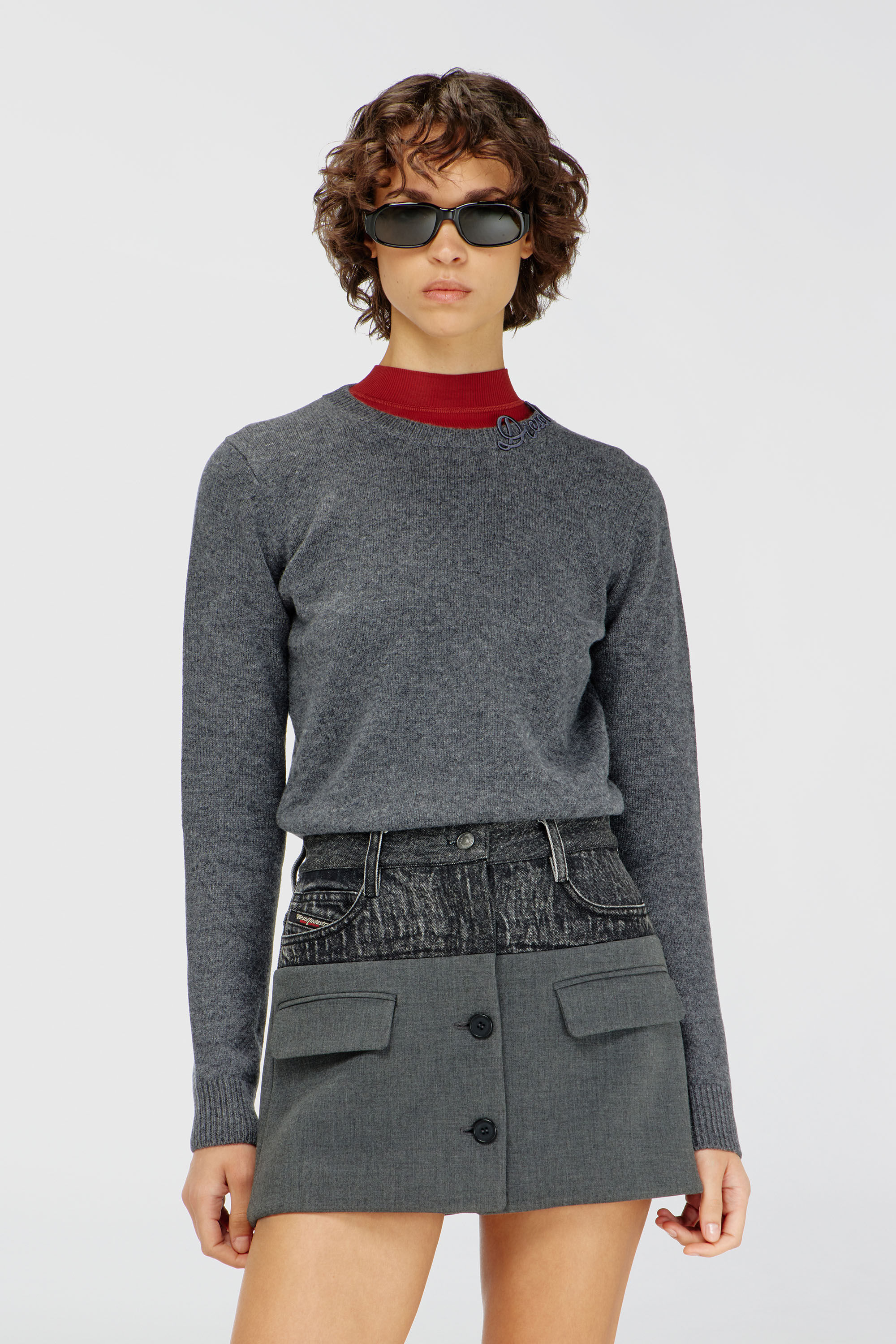 Diesel - M-IMARA, Woman's Wool jumper with embroidered neck logo in Grey - 3