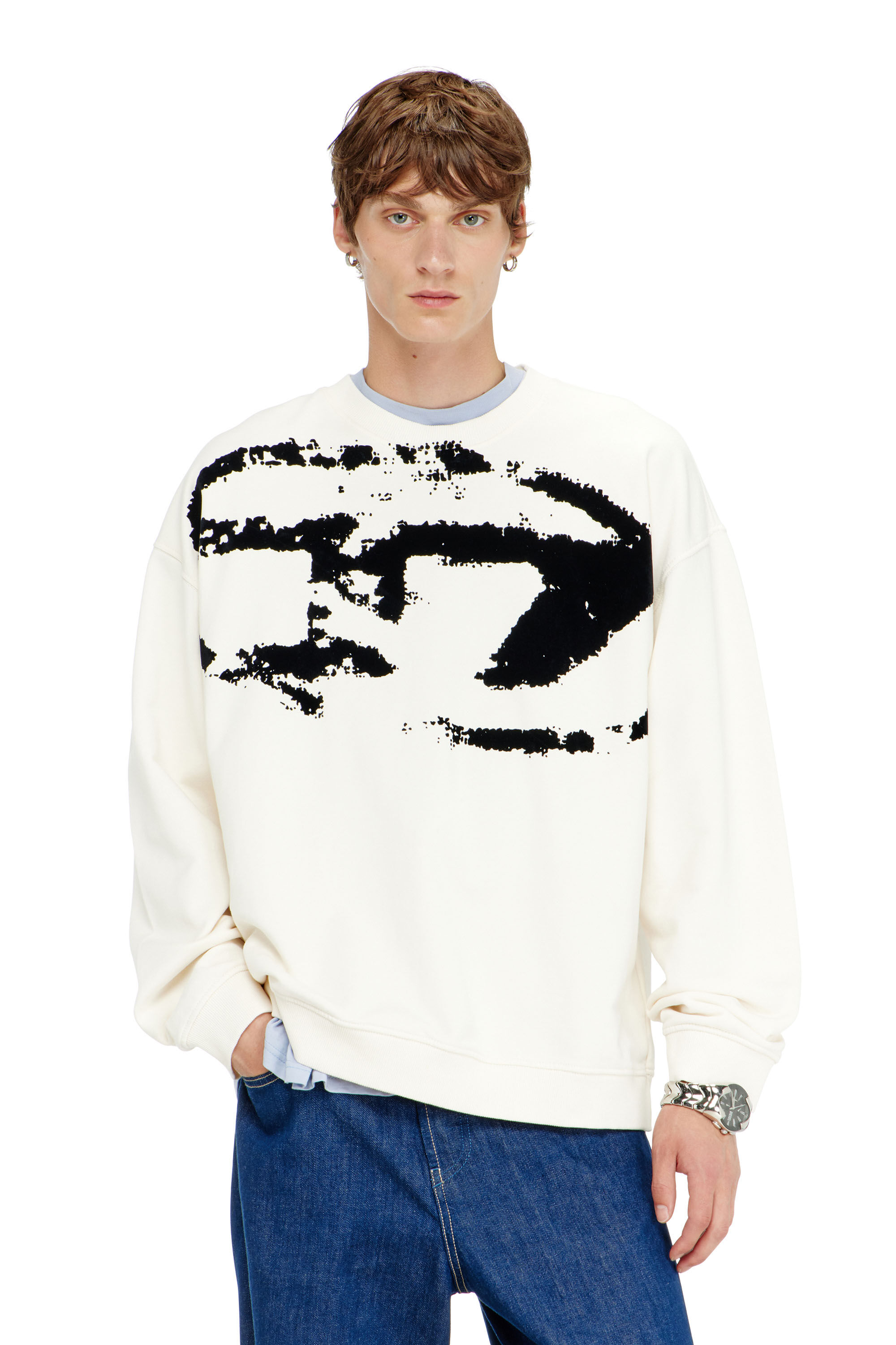 Diesel - S-BOXT-N5, Man's Cotton sweatshirt with flocked Oval D in Black/White - 3