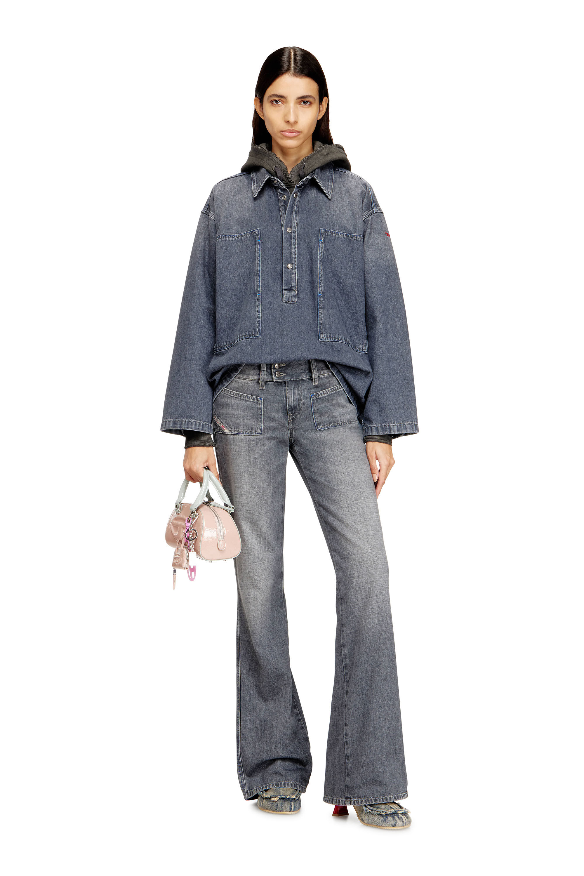 Diesel - DE-PRISS, Woman's Henley top in dirt-effect denim in Grey - 1
