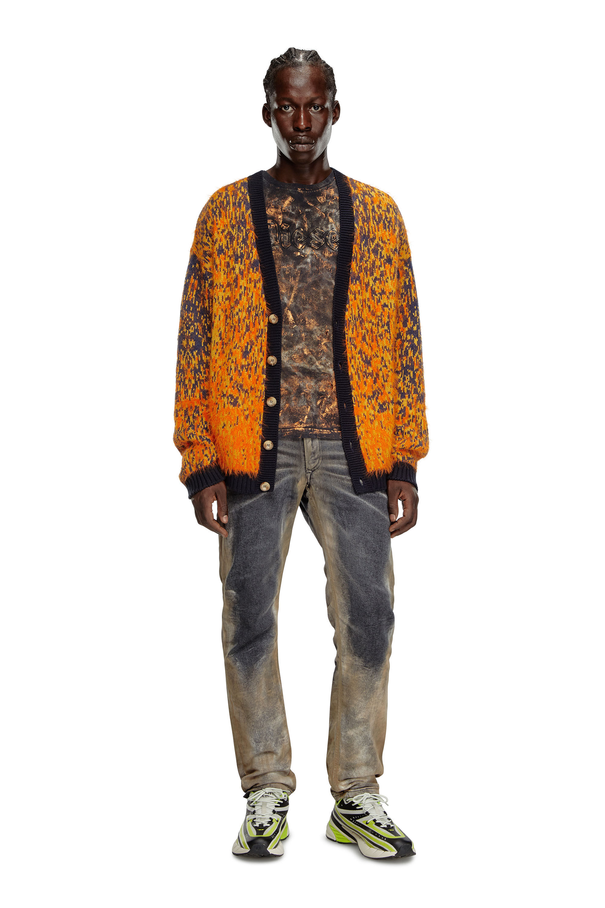 Diesel - K-RANGER, Man's Fuzzy cardigan with abstract pattern in Orange - 1