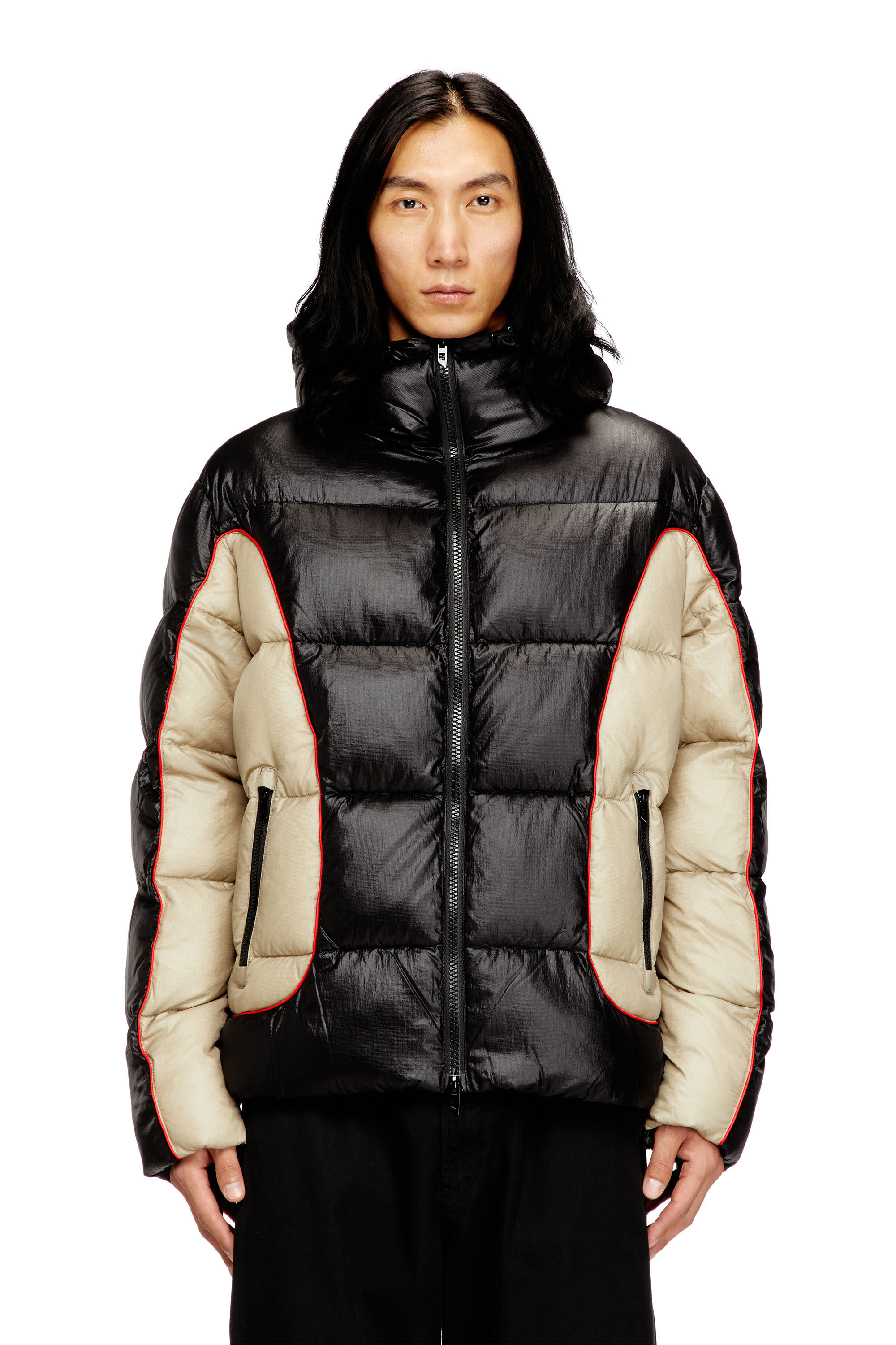 Diesel - W-OSTEND, Man's Hooded puffer jacket in shiny ripstop in Black/Beige - 3