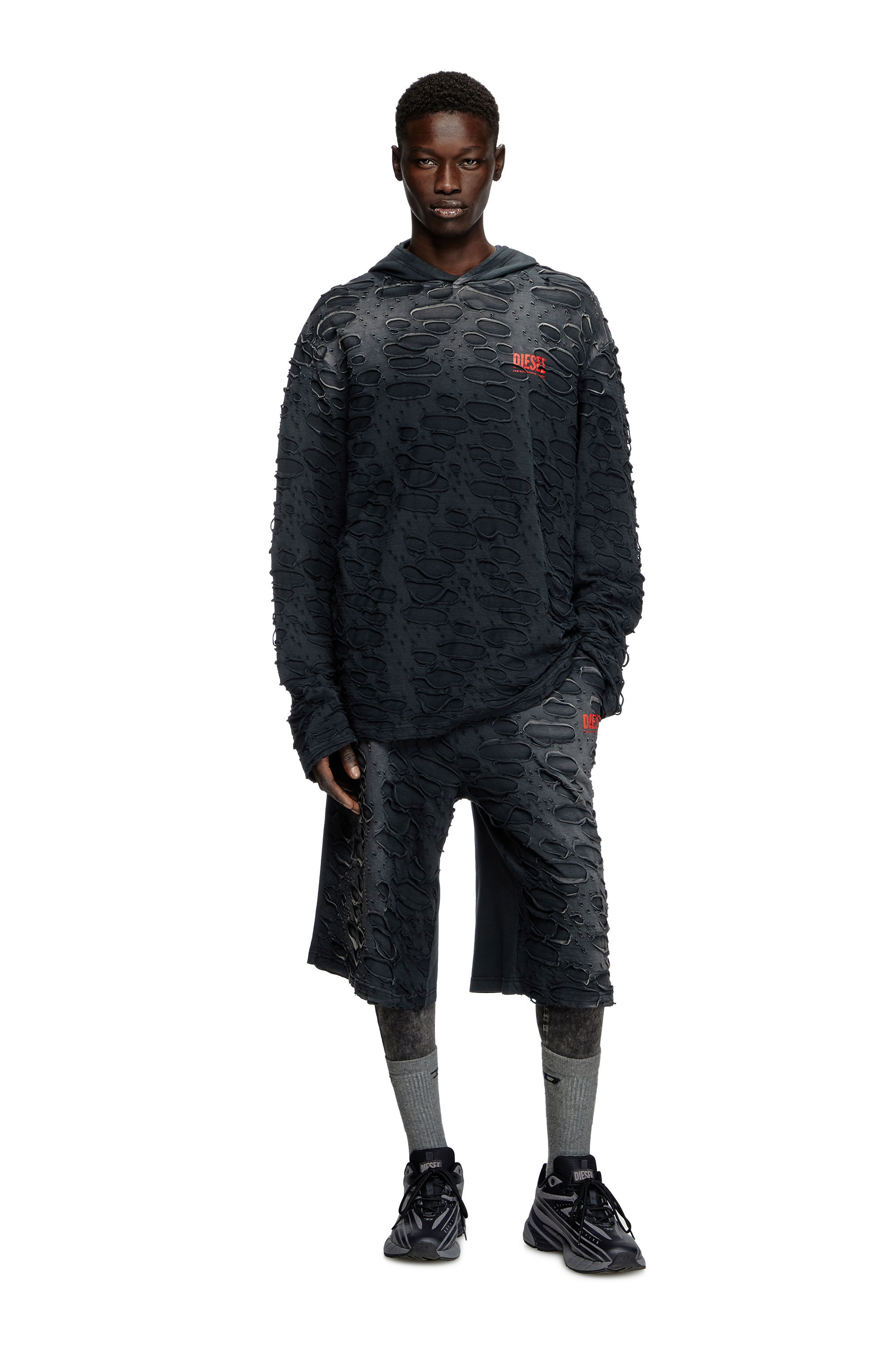 トップス DIESEL T-CRANE-LS-HOOD Men's Hooded long-sleeve T-shirt with holes | Black | Diesel EE