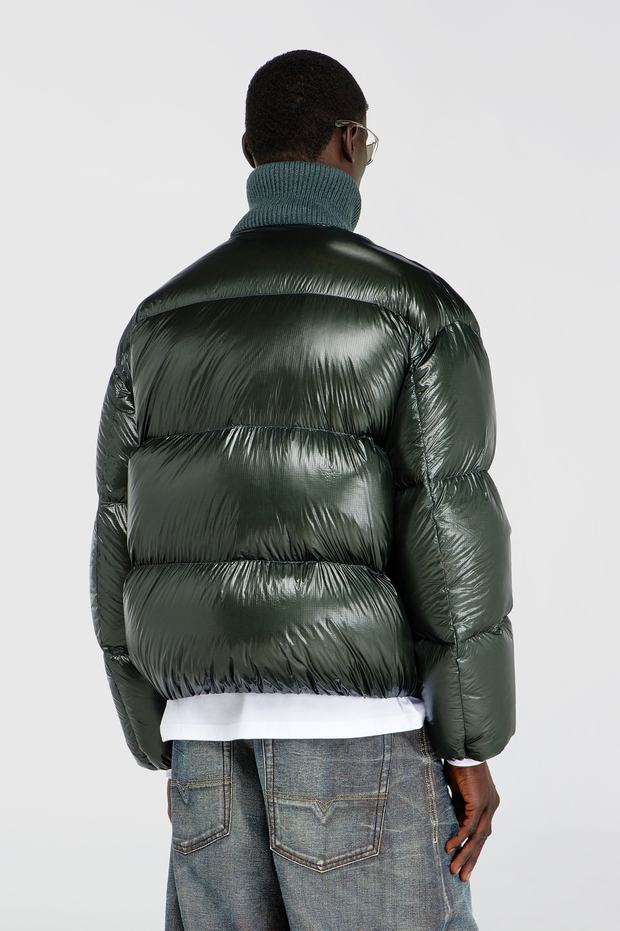 Diesel - W-RIBB, Man's Down puffer jacket in ripstop with ribbed collar in Dark Green - 4