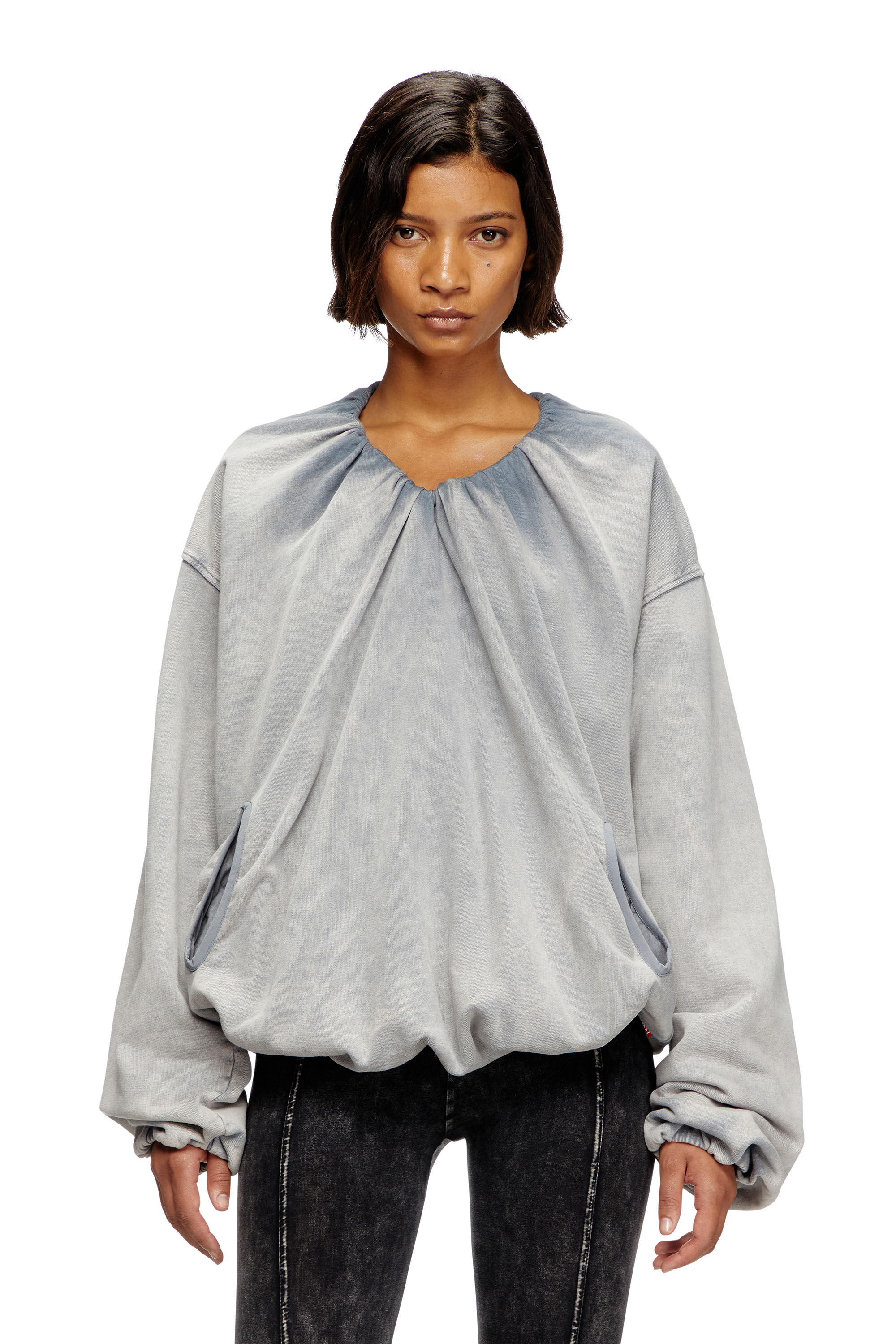 Diesel - F-INDY, Woman's Gathered sweatshirt with bleached effect in Light Grey - 3