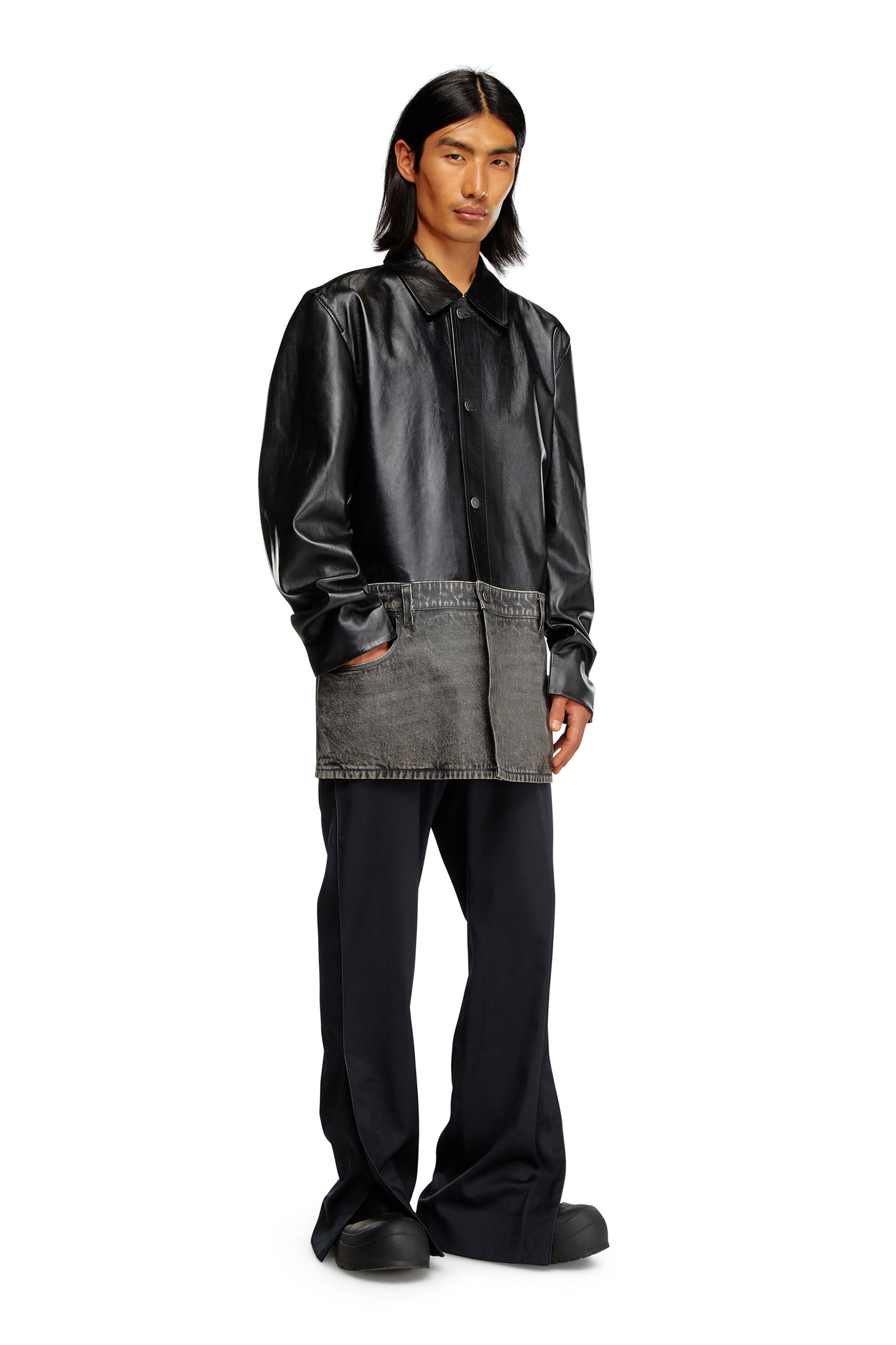 Men's Leather and denim shirt jacket | Black | Diesel Men's Leather and denim shirt jacket | Black | Diesel