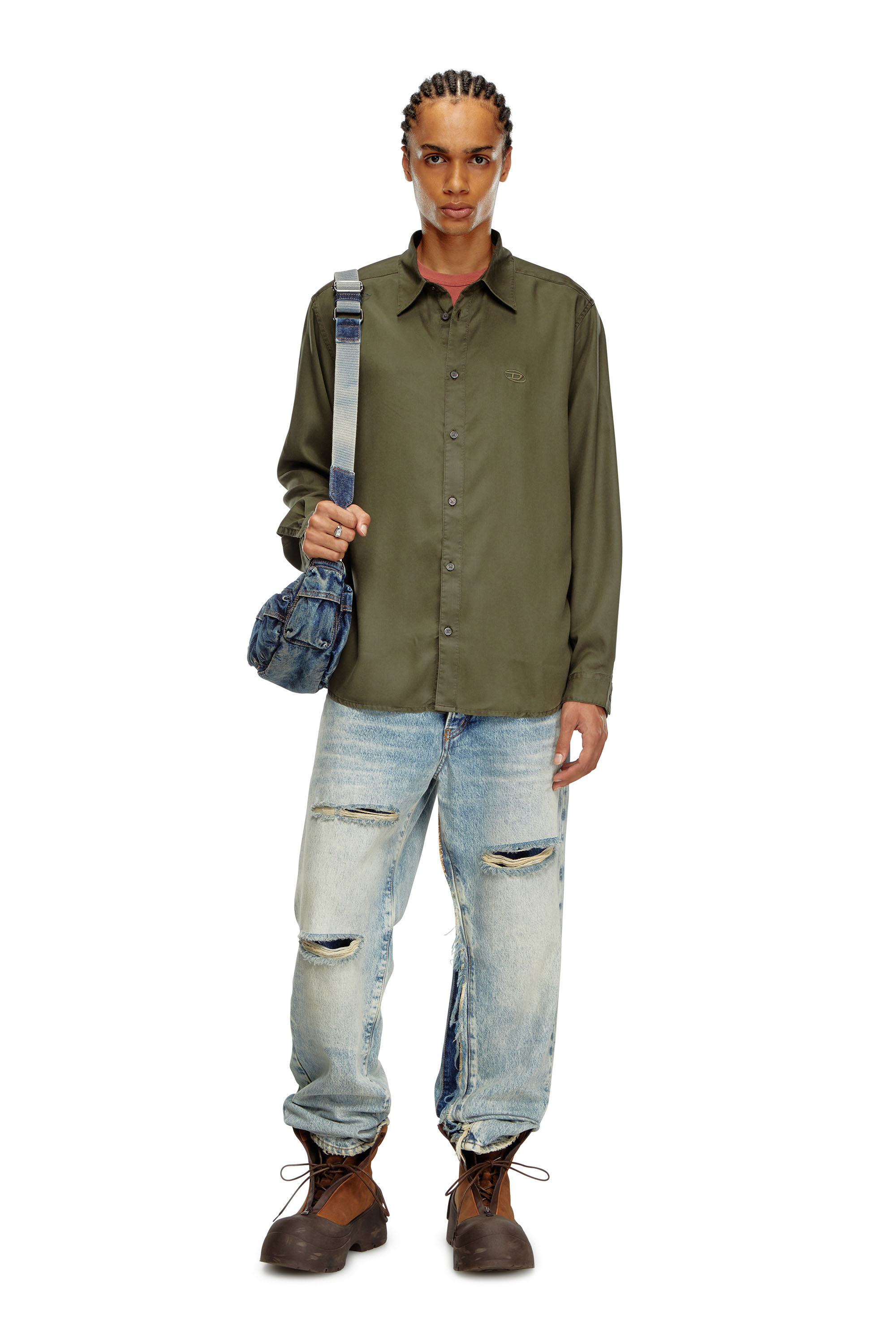 Diesel - S-SIMPLY-C, Man's Fluid shirt with logo embroidery in Olive Green - 1