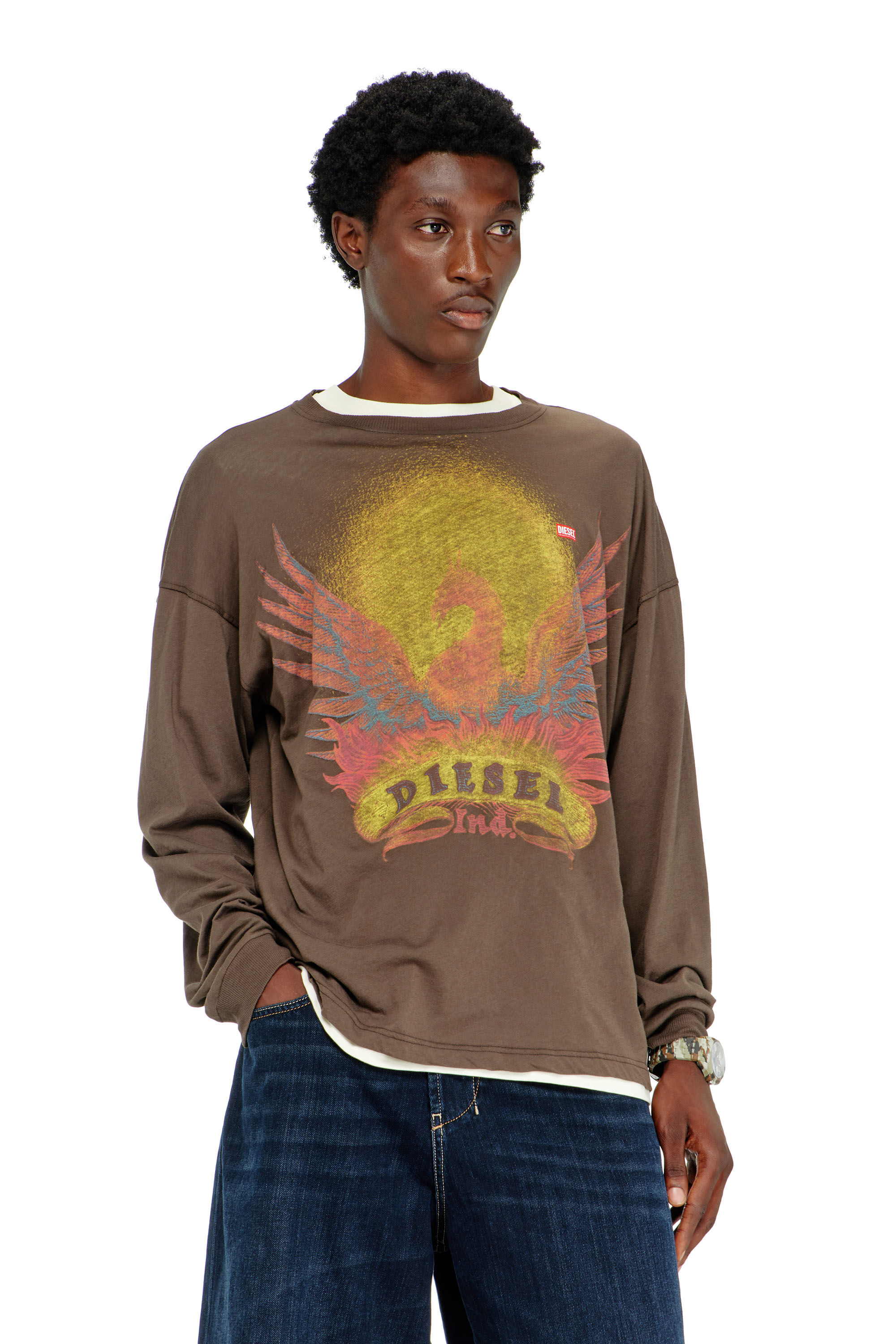Diesel - T-BOXT-LS-AA1, Man's Long sleeve T-shirt with Phoenix graphic in Brown - 3
