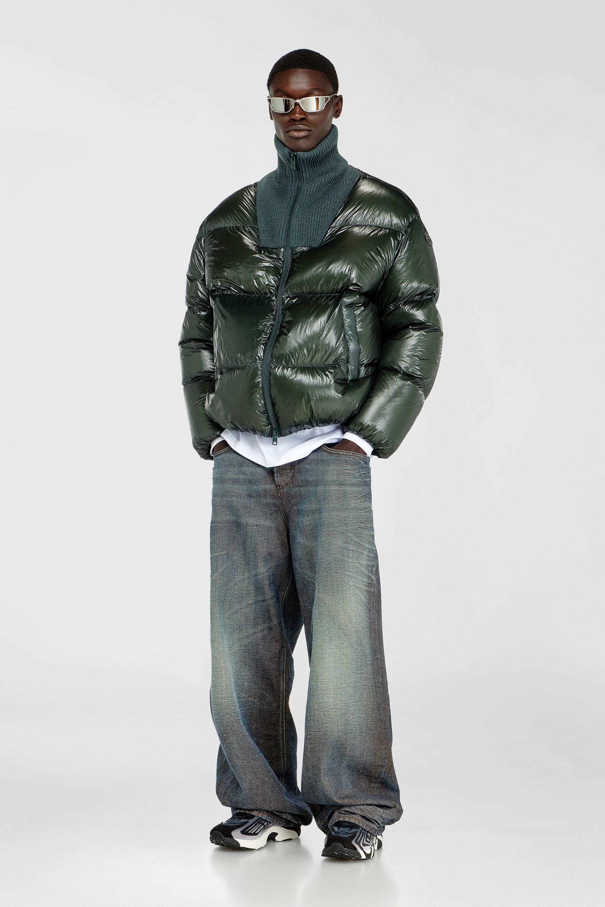 Diesel - W-RIBB, Man's Down puffer jacket in ripstop with ribbed collar in Dark Green - 1
