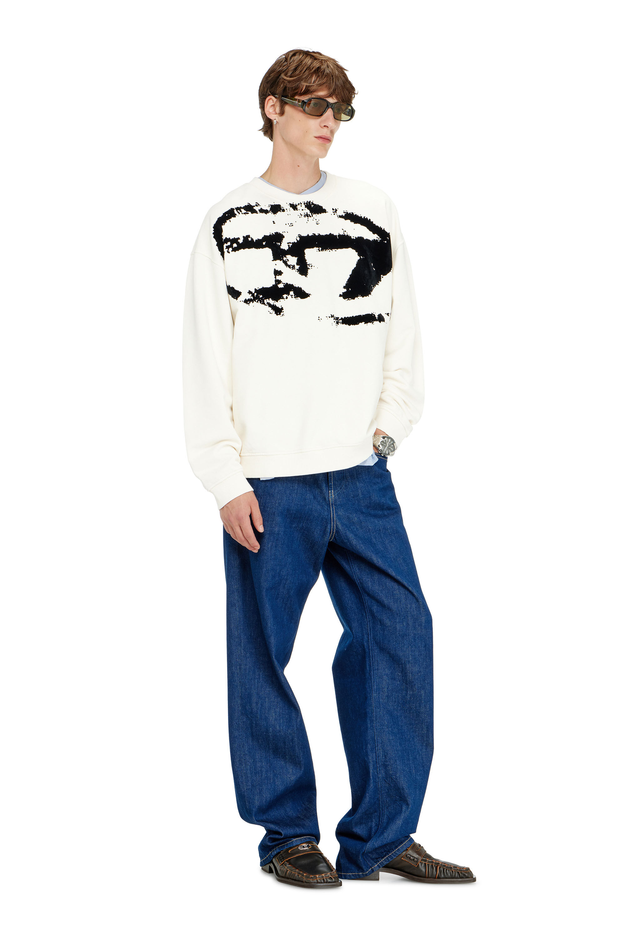 Diesel - S-BOXT-N5, Man's Cotton sweatshirt with flocked Oval D in Black/White - 1