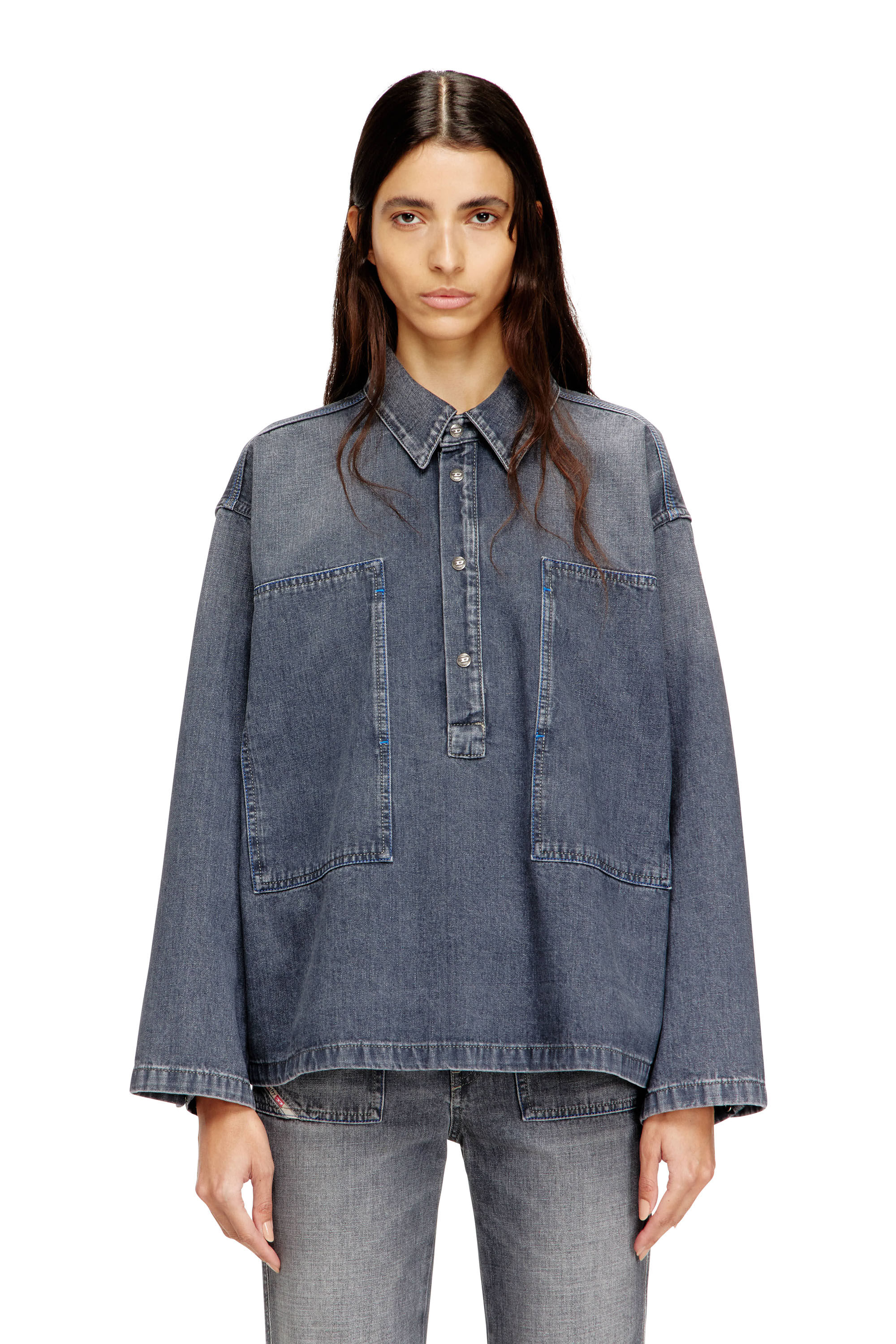 Diesel - DE-PRISS, Woman's Henley top in dirt-effect denim in Grey - 3