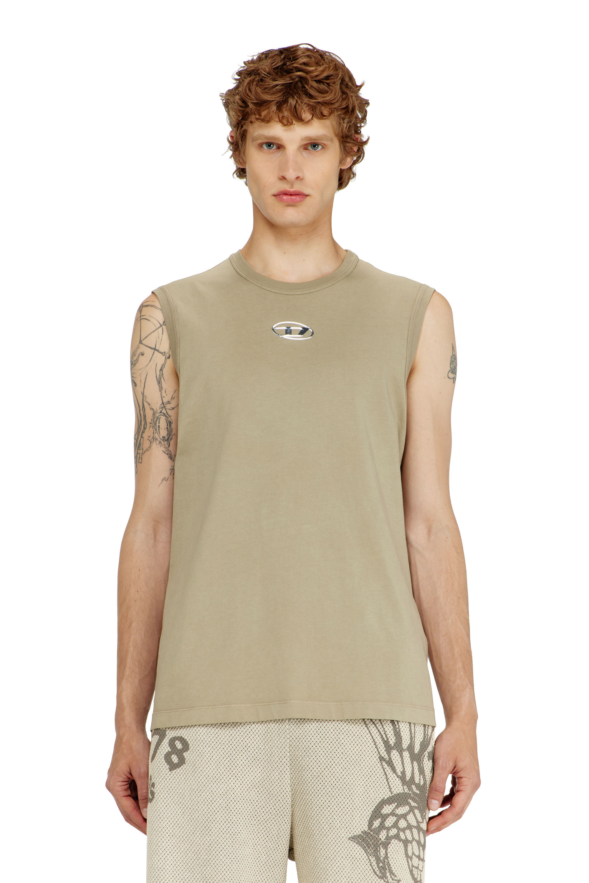 Diesel - T-BISCO-IOD, Man's Cotton tank top with metallic Oval D in Beige - 3