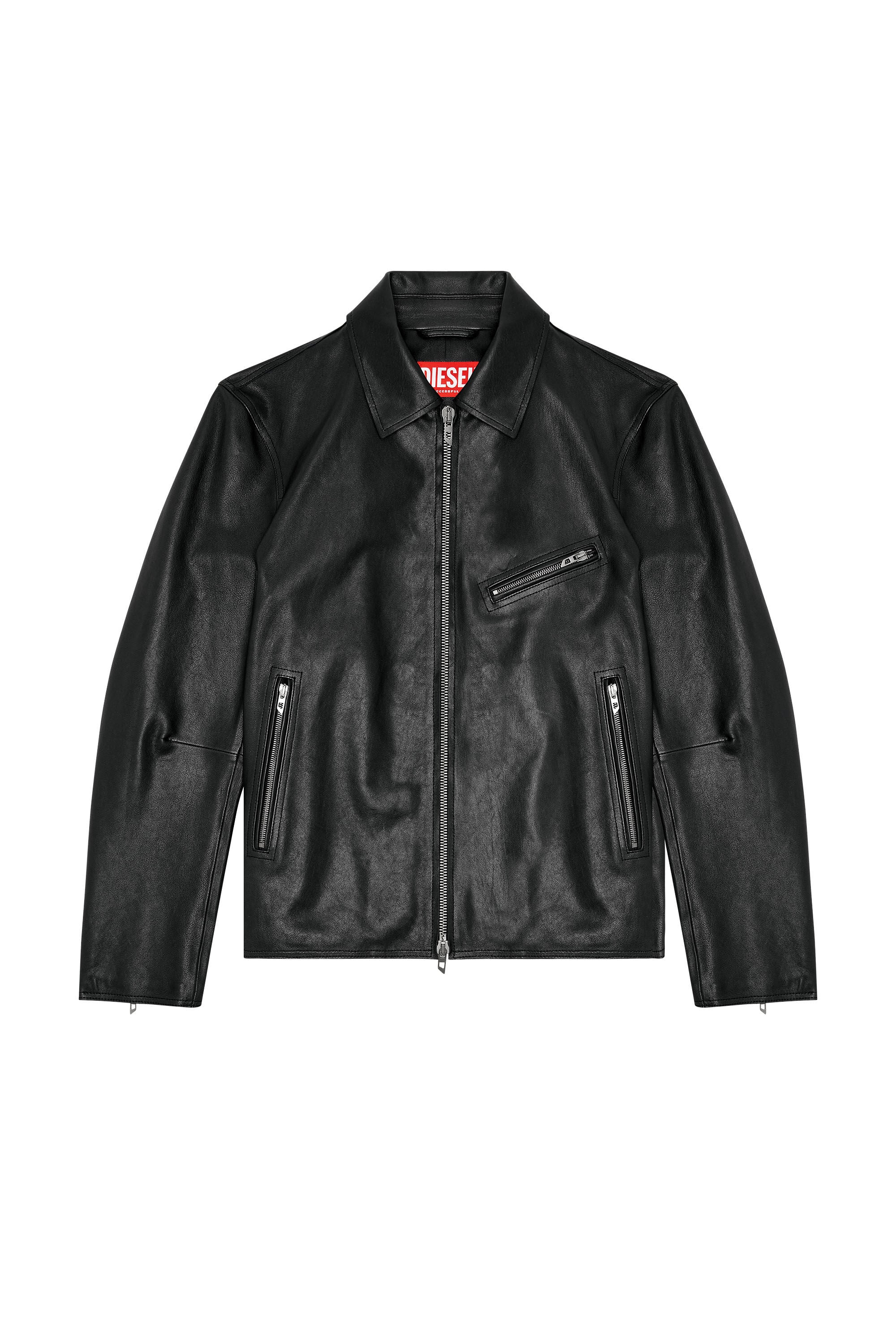 Diesel - L-KORN-A, Man's Leather jacket with embossed Oval D in Black - 2