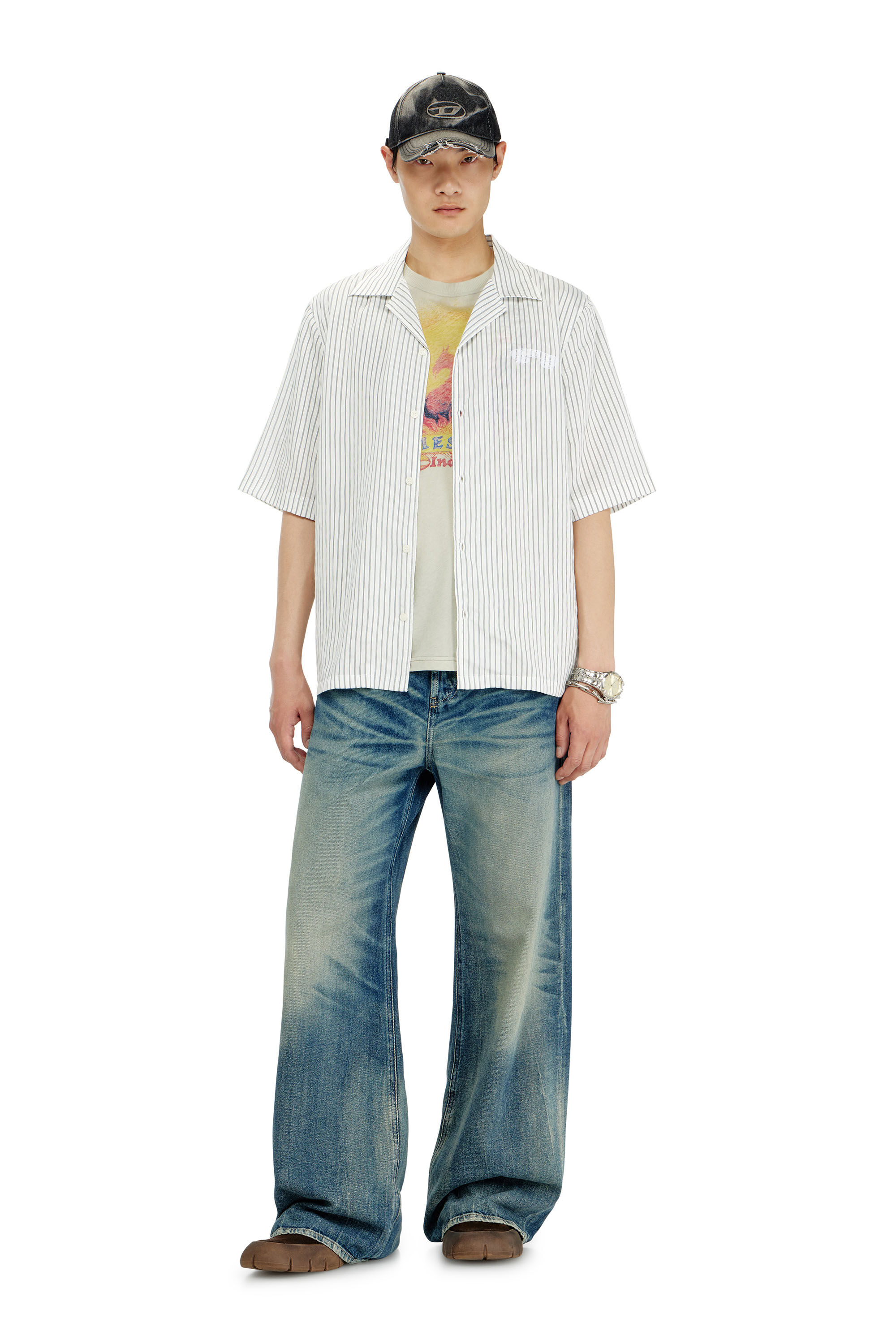 Diesel - S-MAC-EFBV, Man's Half-sleeve shirt in pinstripe modal in White/Grey - 1