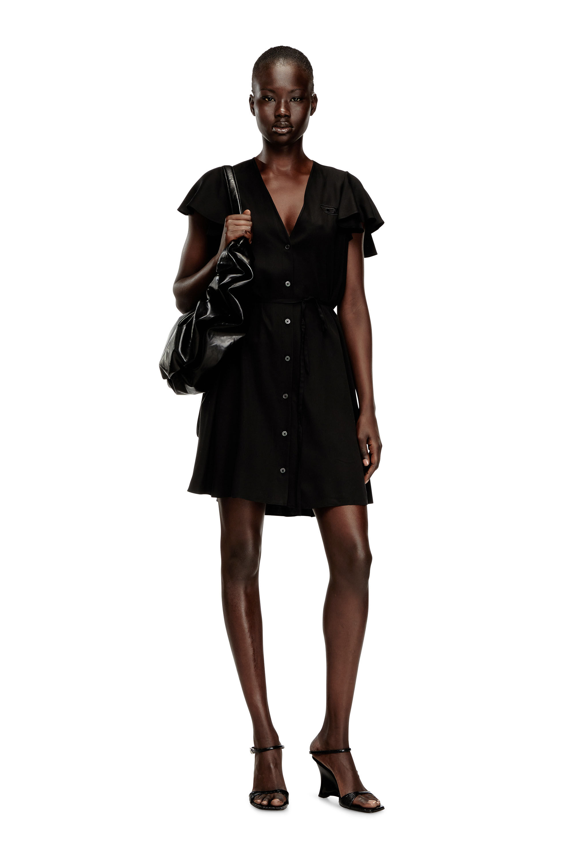 Diesel - D-AIKIRI, Woman's Cupro dress with V-neck and front buttons in Black - 1