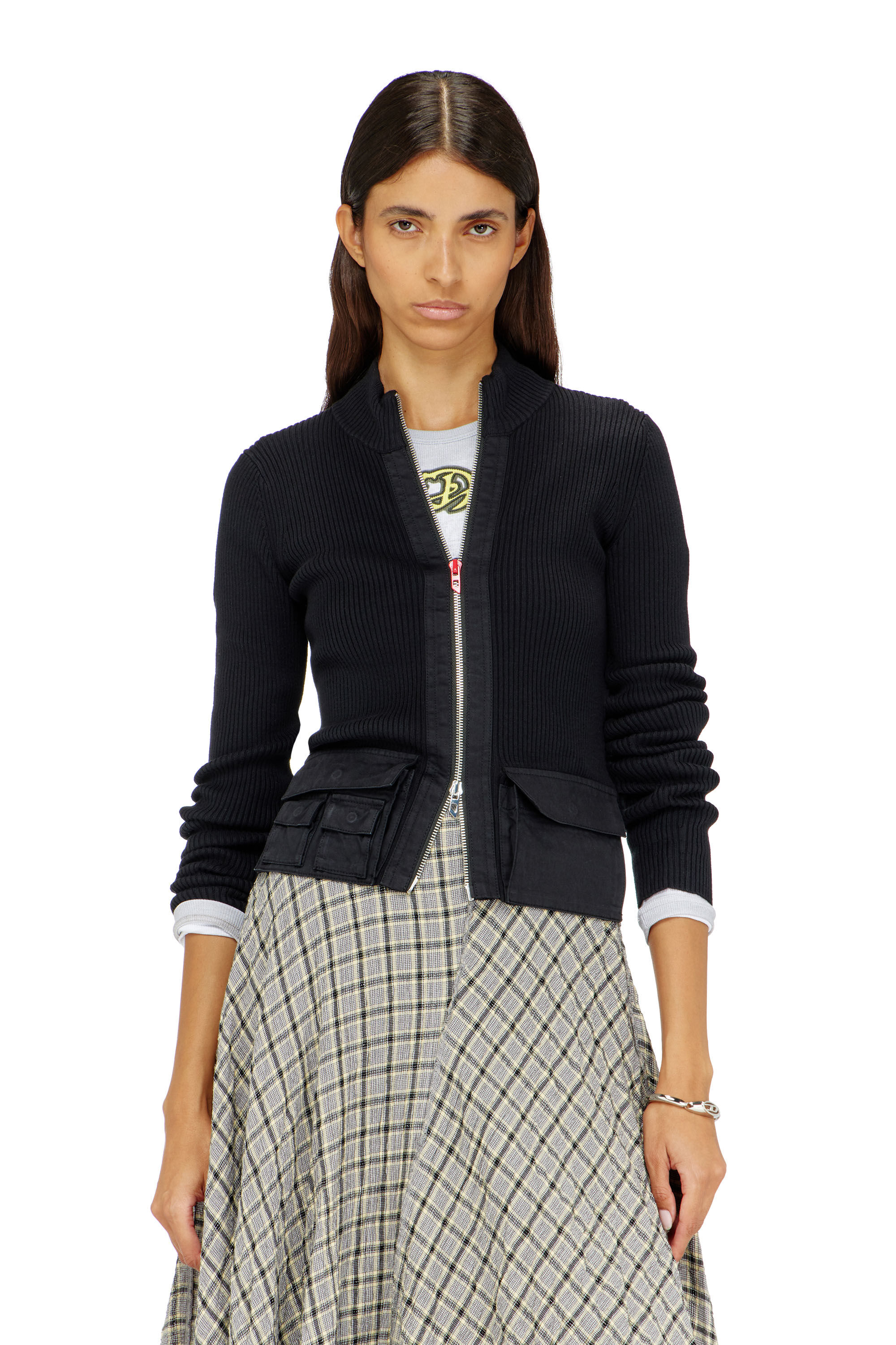 Diesel - M-MELISSA, Woman's Ribbed cardigan with cargo pockets in Black - 3
