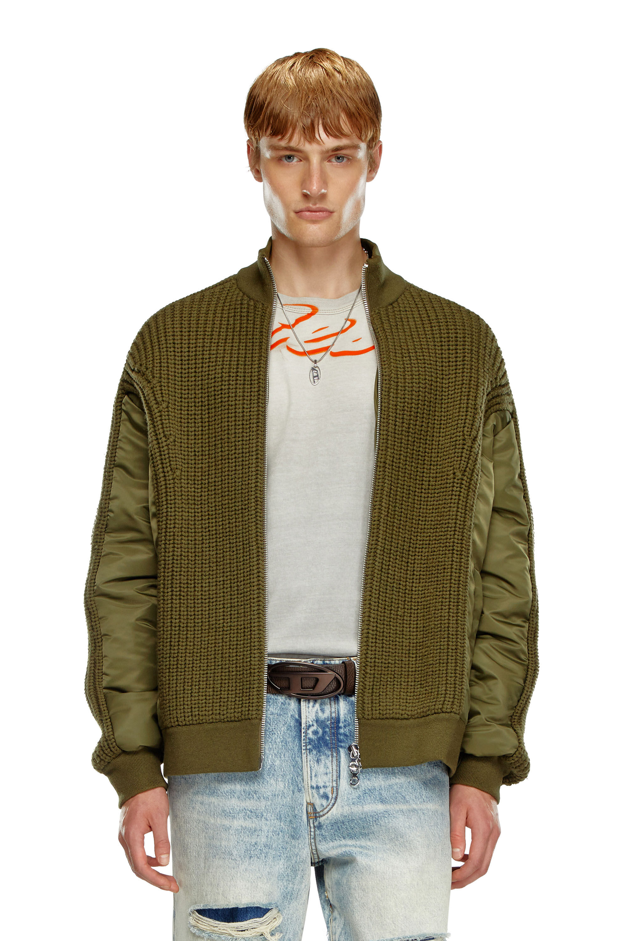 Diesel - K-ARRE, Man's Zip-up cardigan in wool and nylon in Military Green - 3