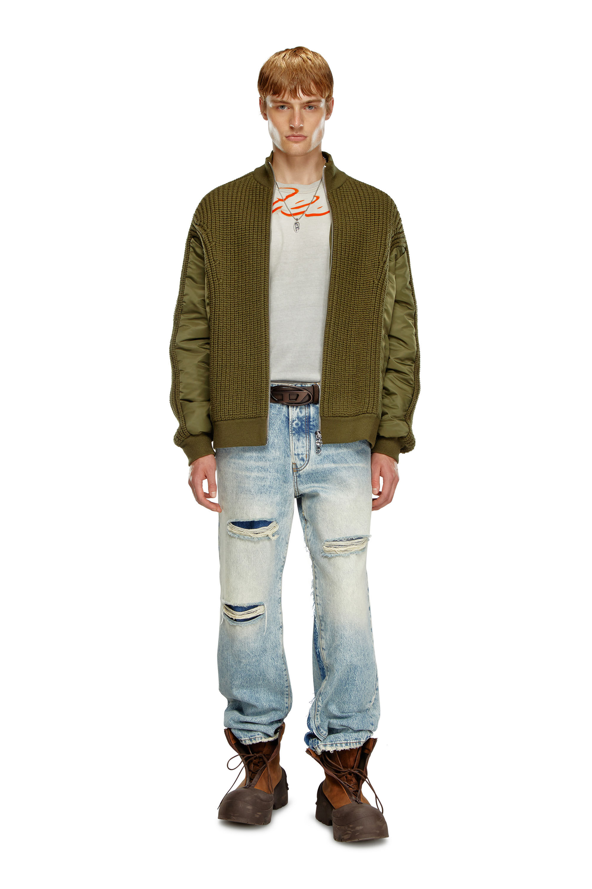 Diesel - K-ARRE, Man's Zip-up cardigan in wool and nylon in Military Green - 1