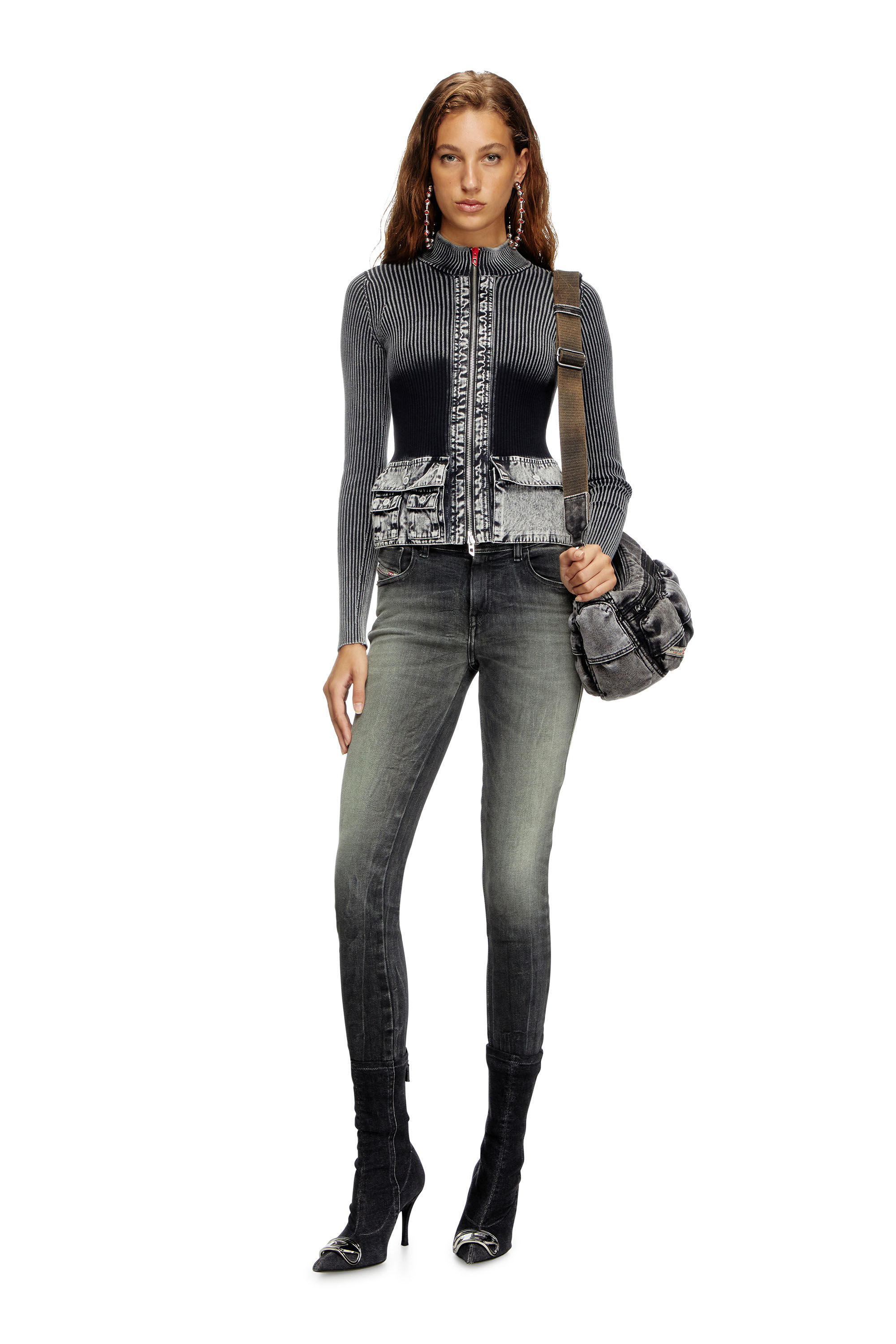 Diesel - M-MELISSA, Woman's Zip-up cardigan with denim cargo pockets in Dark grey - 1