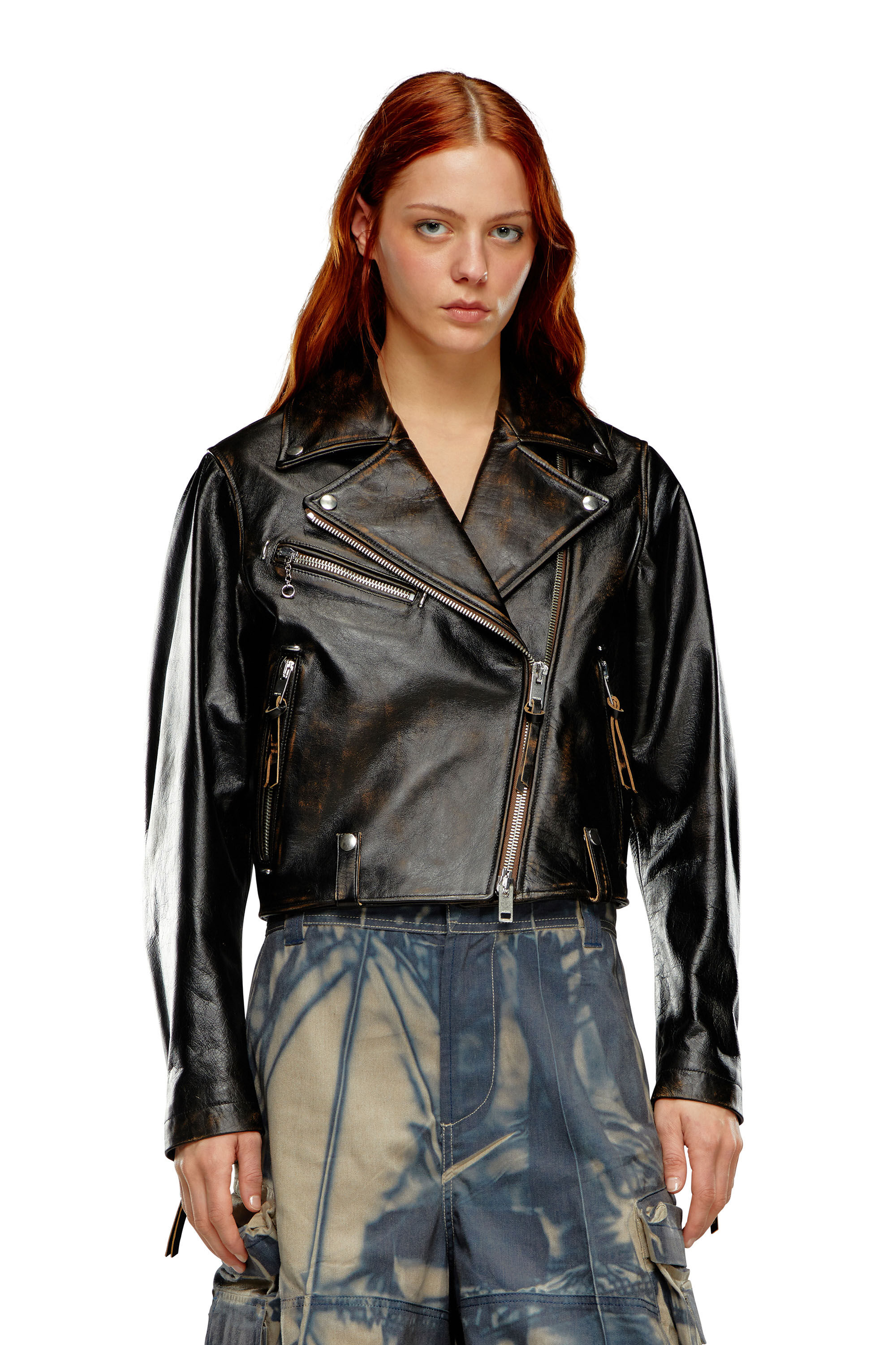 Women's Biker jacket in treated leather | Diesel L-EDMEA-CL