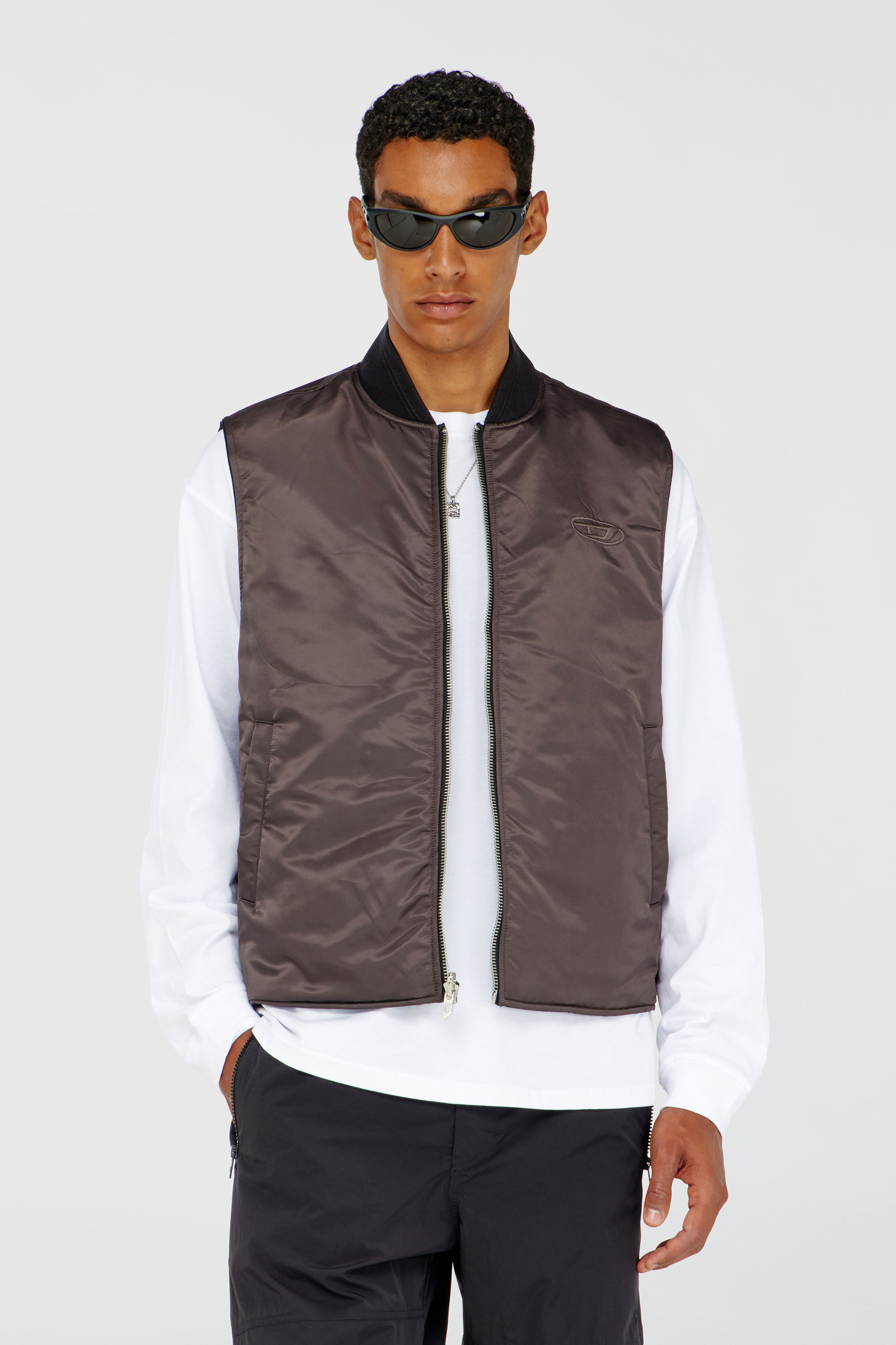 Diesel - W-TYPE-D1-SL, Man's Padded satin vest with Oval D embroidery in Black - 6