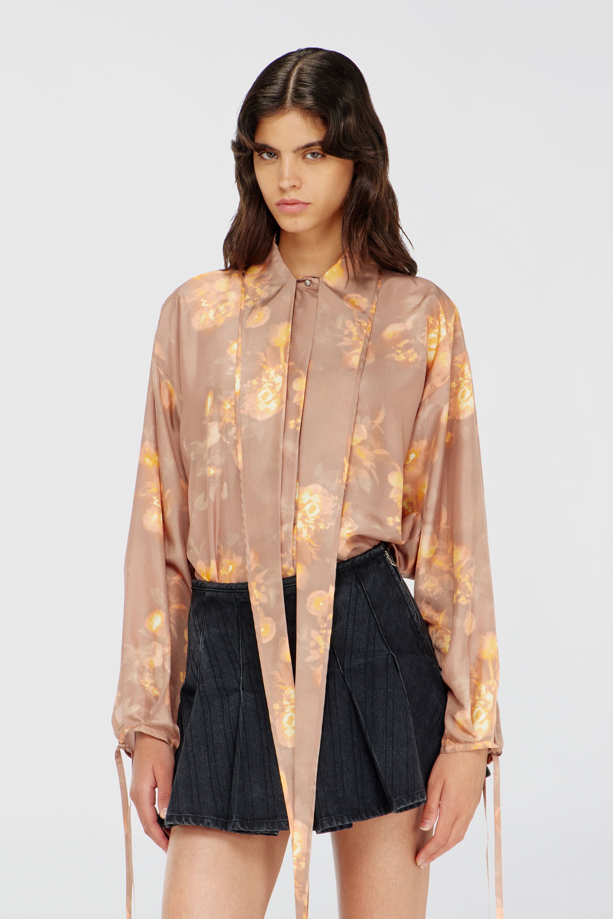 Diesel - C-ALLAS-T1, Woman's Shirt in floral-print habotai silk in Light Brown - 3