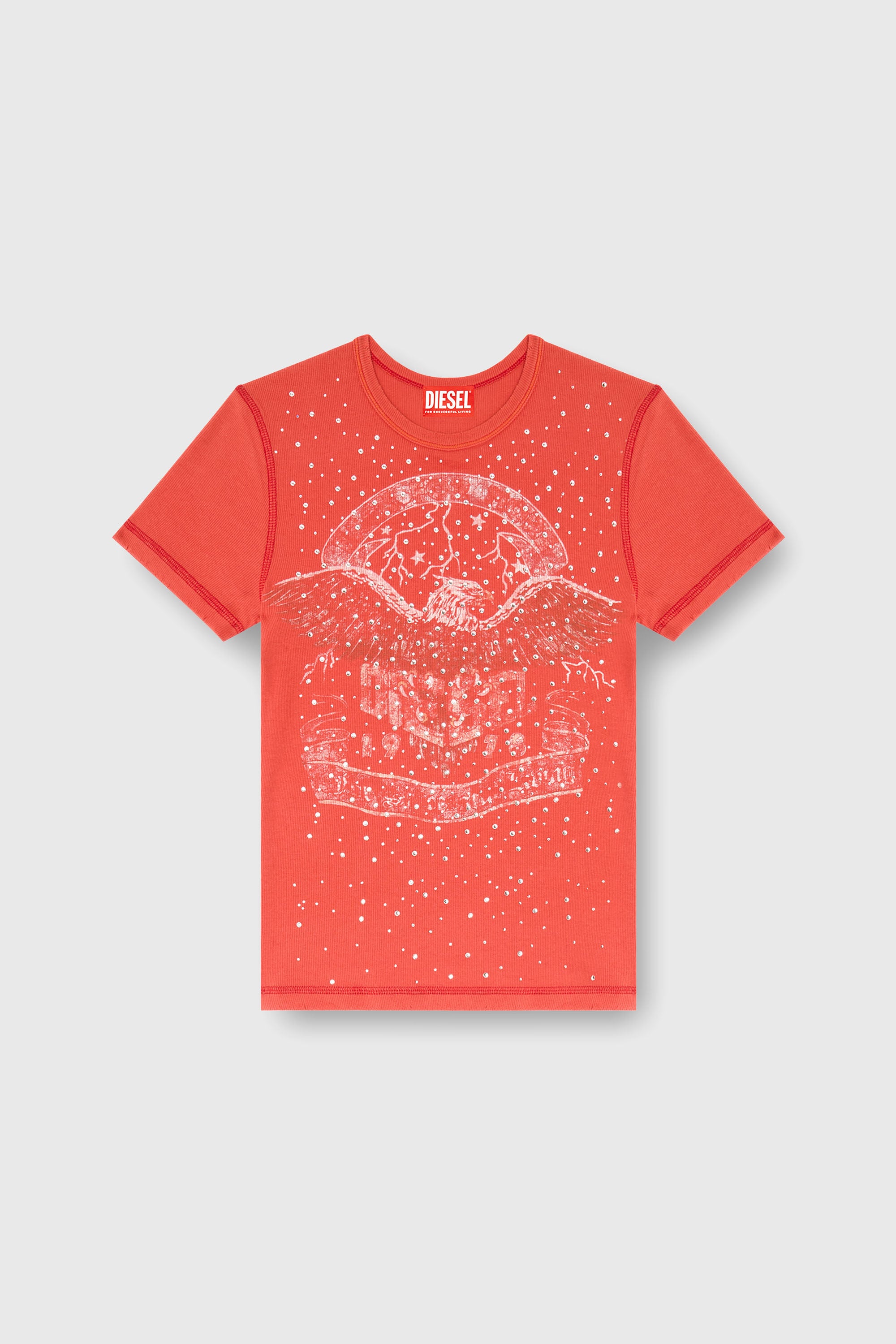Diesel - T-MARSY-RIB-CRY, Woman's T-shirt with concert graphics and crystals in Red - 2