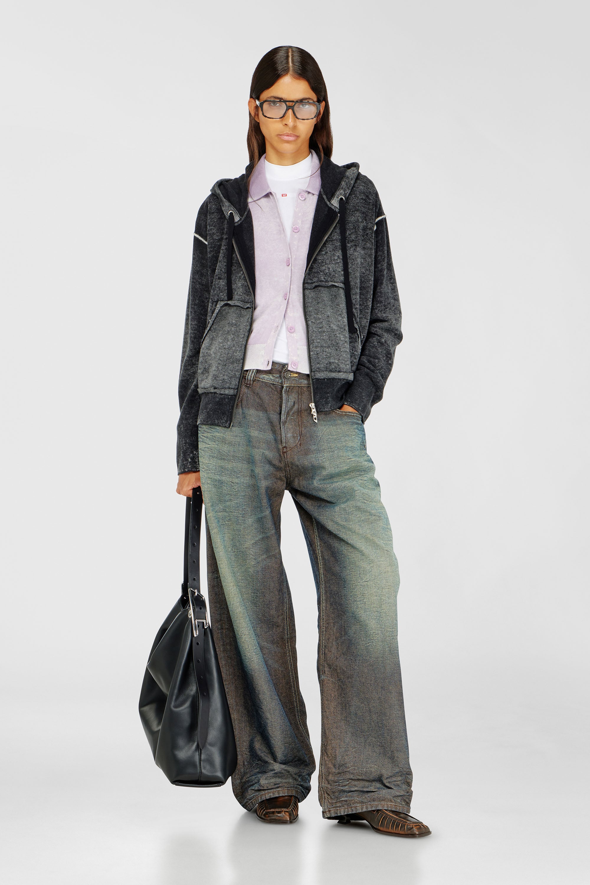 Diesel - M-HERMINE, Woman's Reverse-print hooded cardigan in wool in Black/Grey - 2