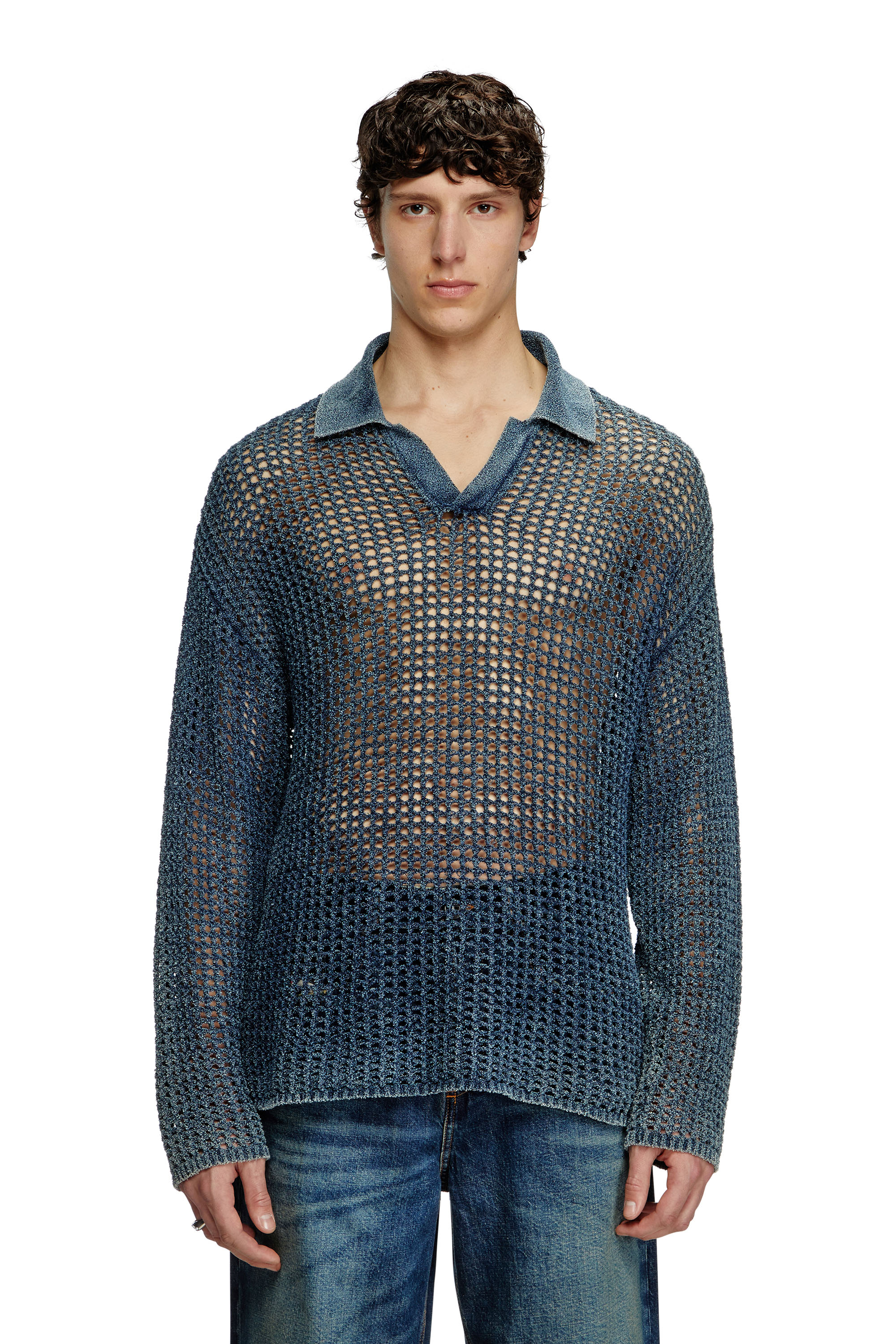 K-SQUARED, Blue Diesel - K-SQUARED, Man's Open-knit polo jumper in denim yarn in Blue - 3