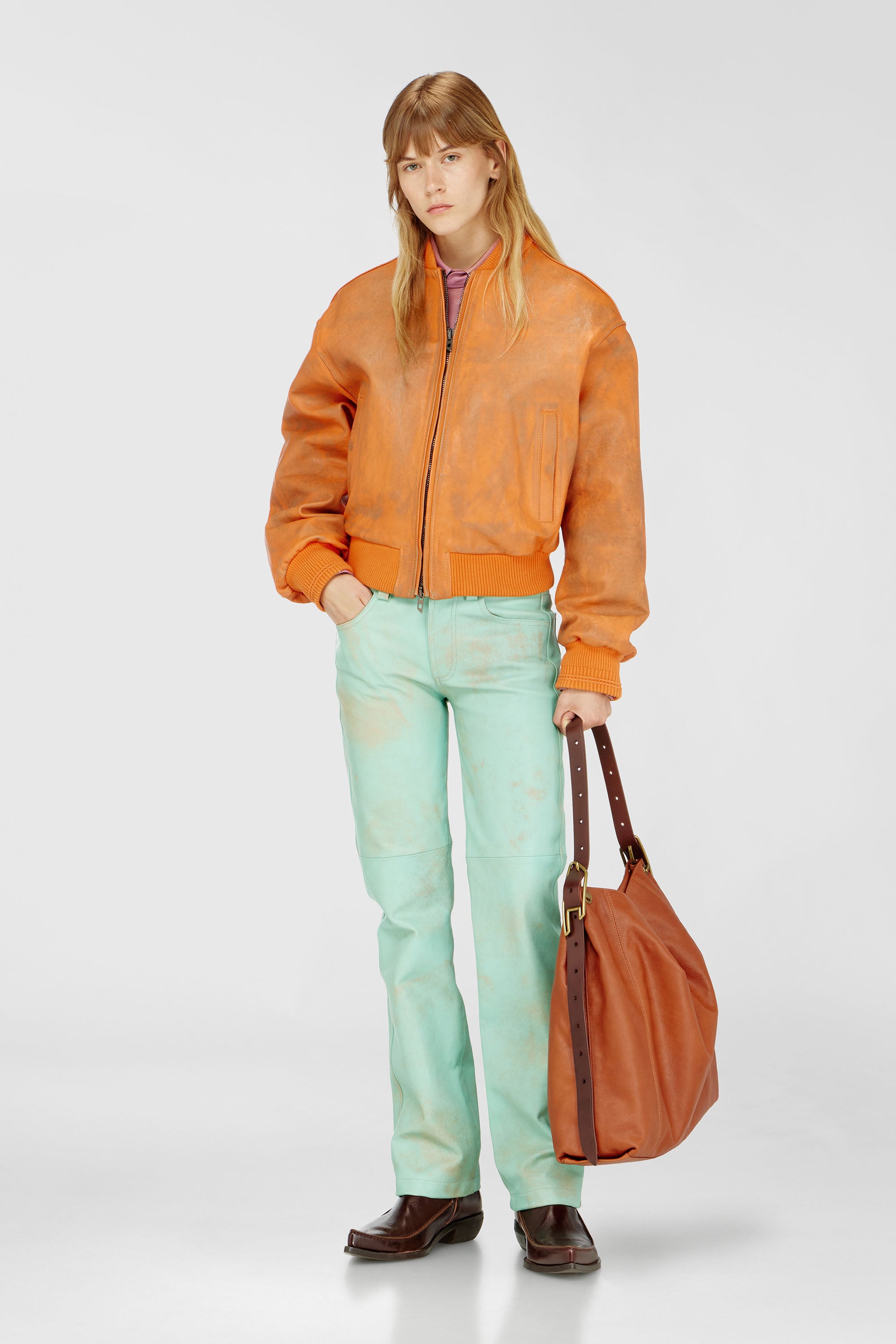 Diesel - L-POCKA, Woman's Pants in treated leather in Water Green - 1