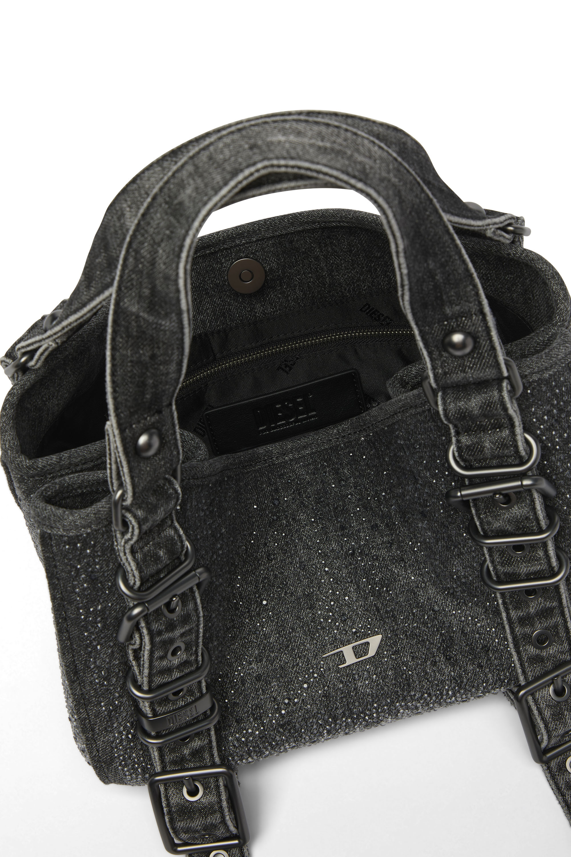 Diesel - D-ONE TOPHANDLE S, Woman's D-One-Small top-handle bag in crystal solarised denim in Black - 3