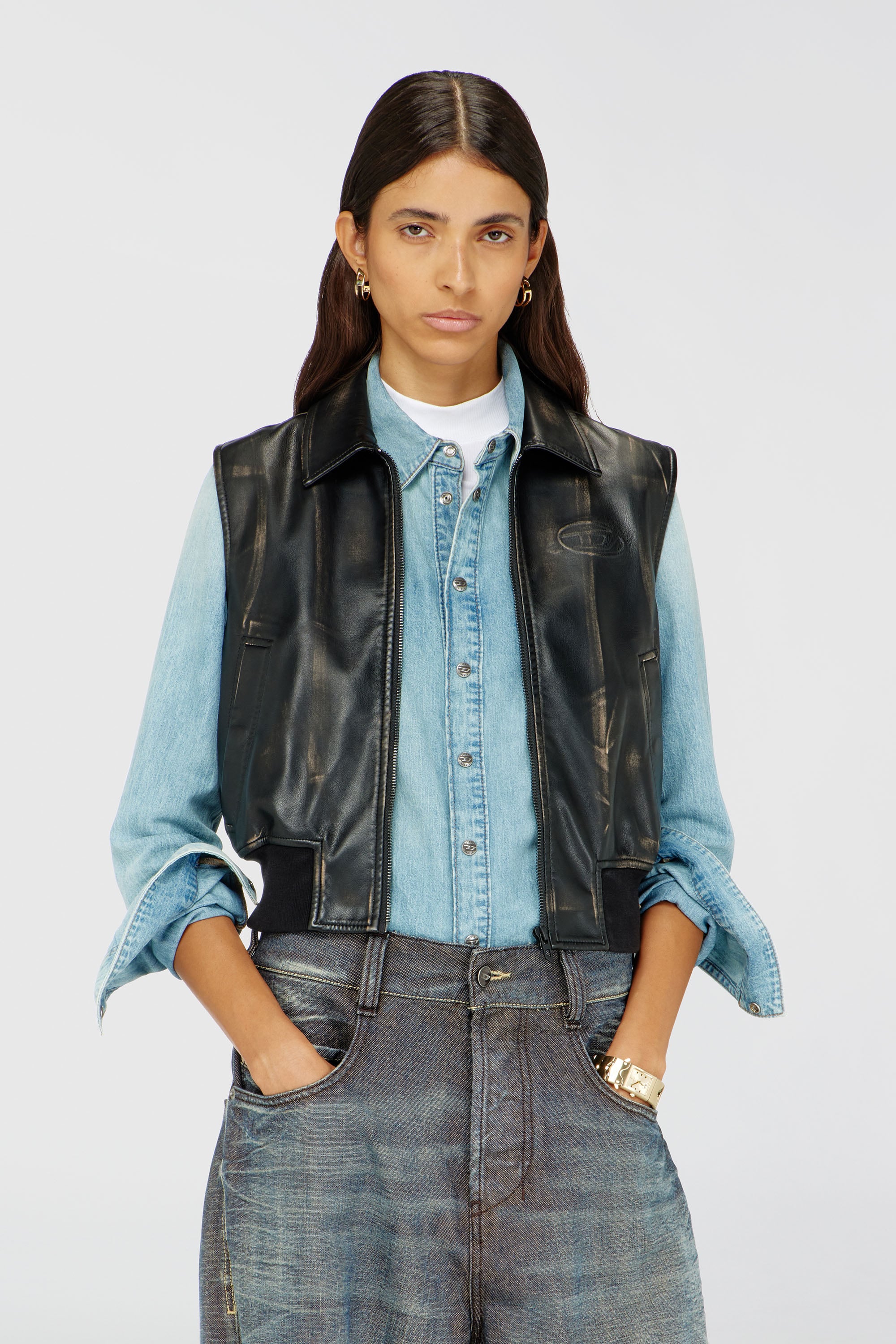 Diesel - G-INKO, Woman's Bomber vest with distressed effect in Brown - 1