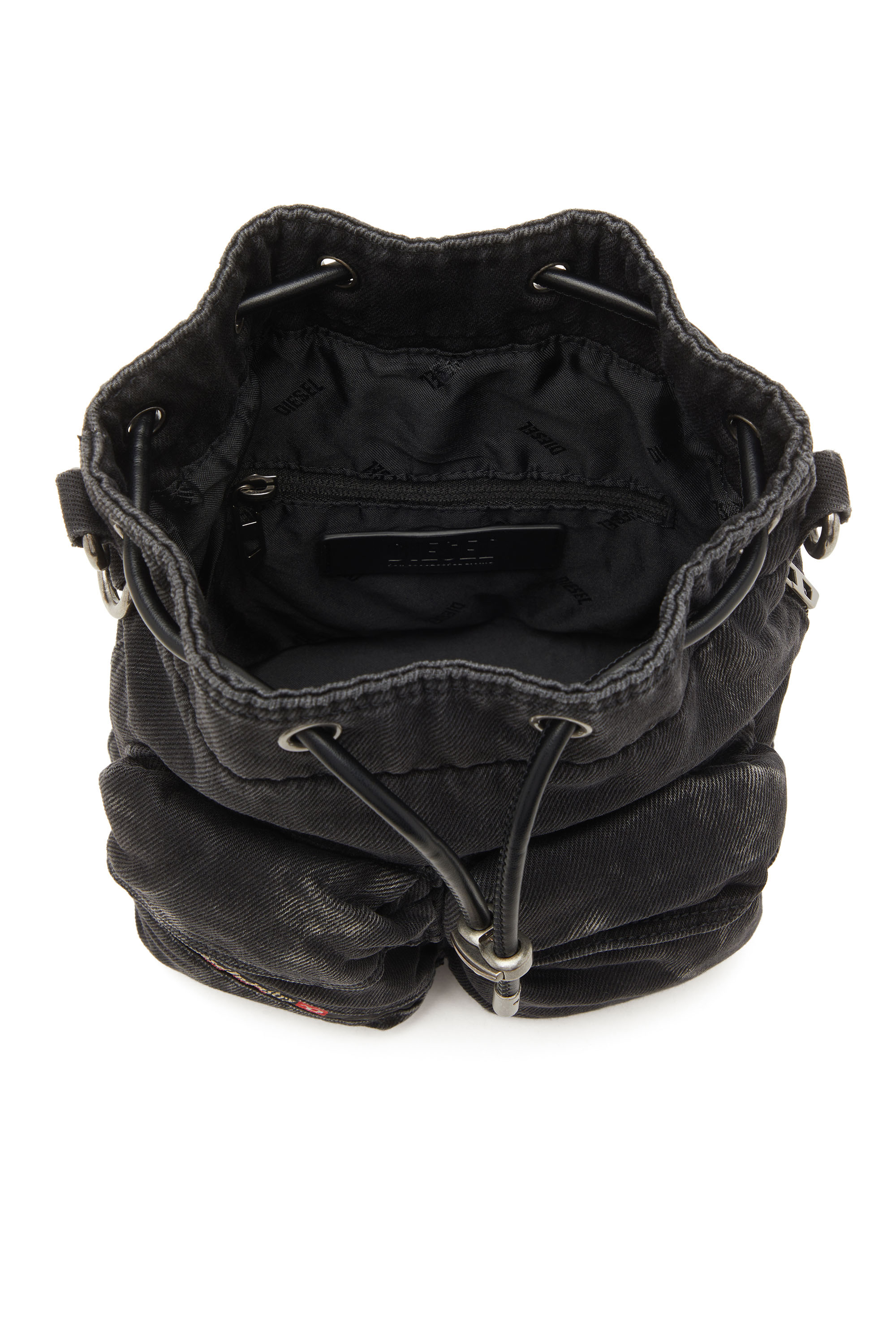 Diesel - MULTI-PKTS BUCKET X, Unisex's Multi-Pkts-Multipocket bucket bag in washed denim in Black - 3